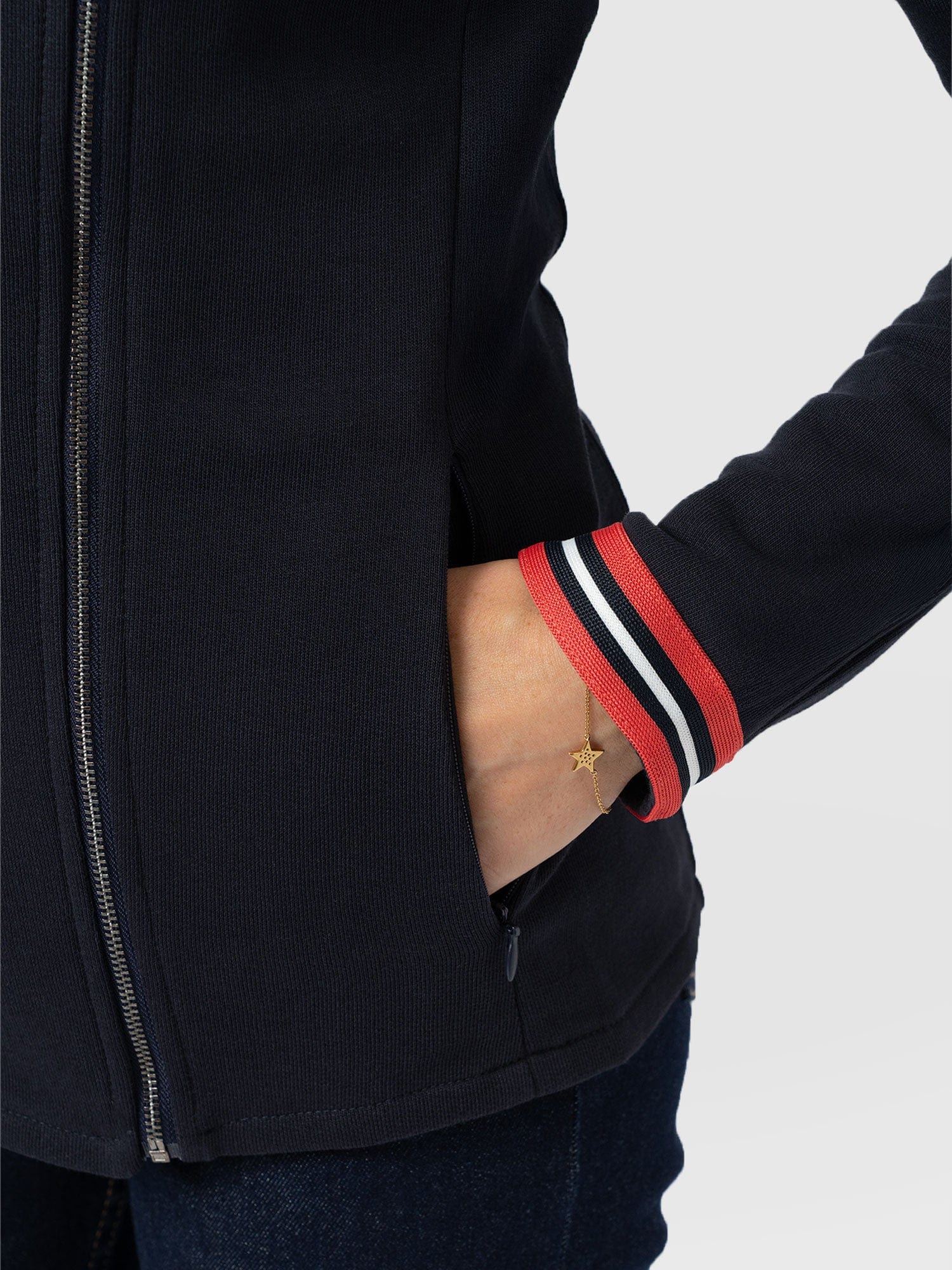 Cotton Biker Jacket Navy Stripe - Women's Jackets | Saint + Sofia® USA