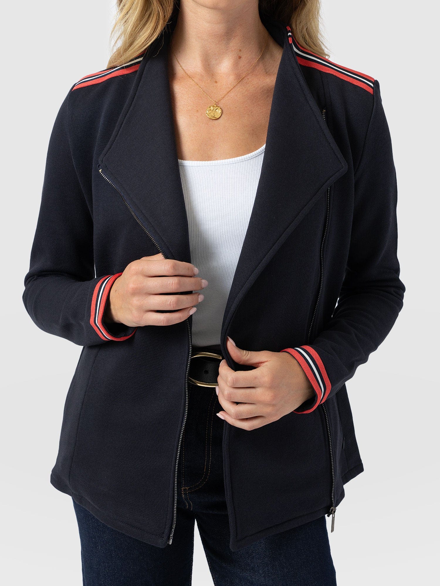 Cotton Biker Jacket Navy Stripe - Women's Jackets | Saint + Sofia® USA