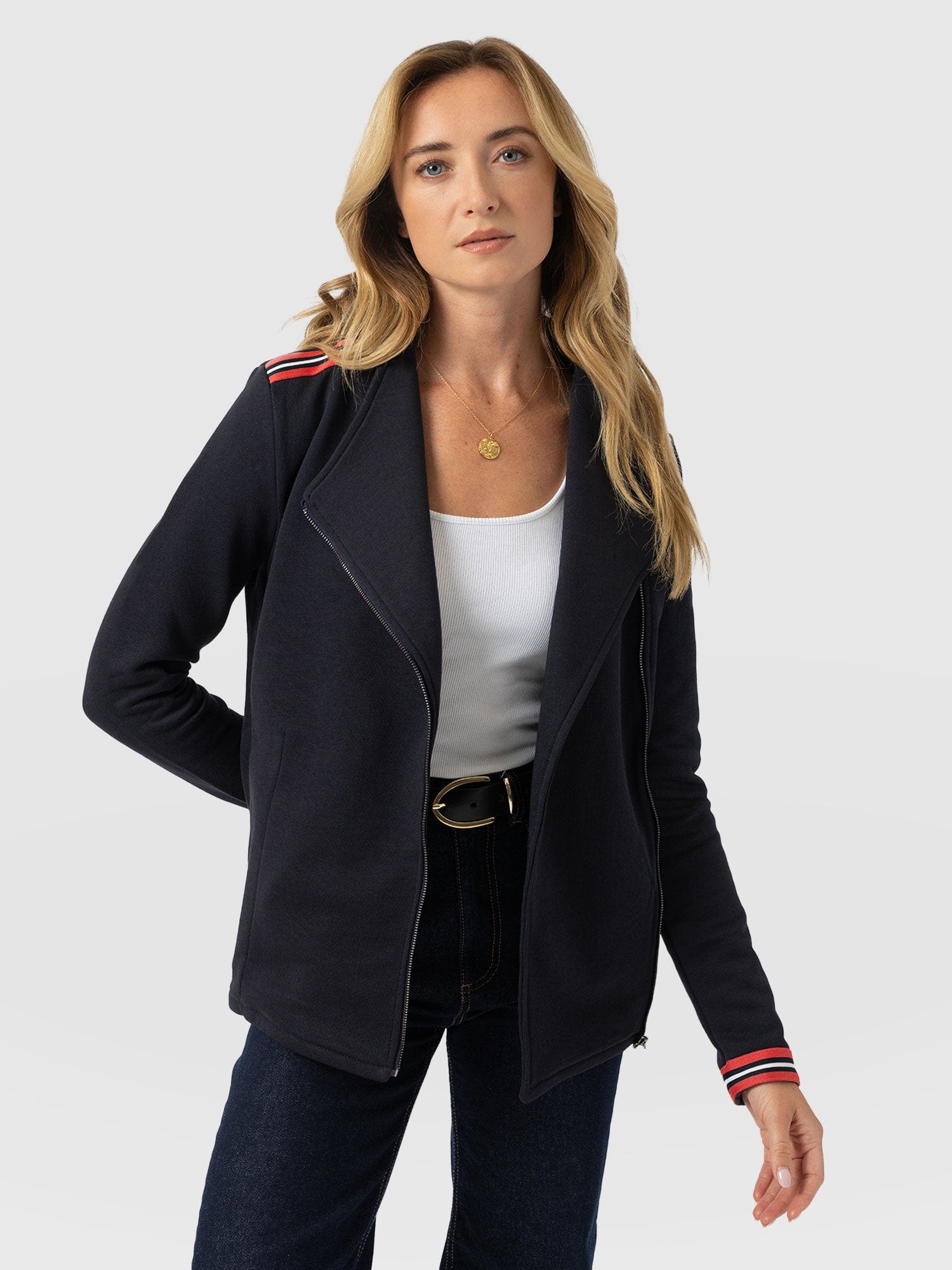 Cotton Biker Jacket Navy Stripe - Women's Jackets | Saint + Sofia® USA