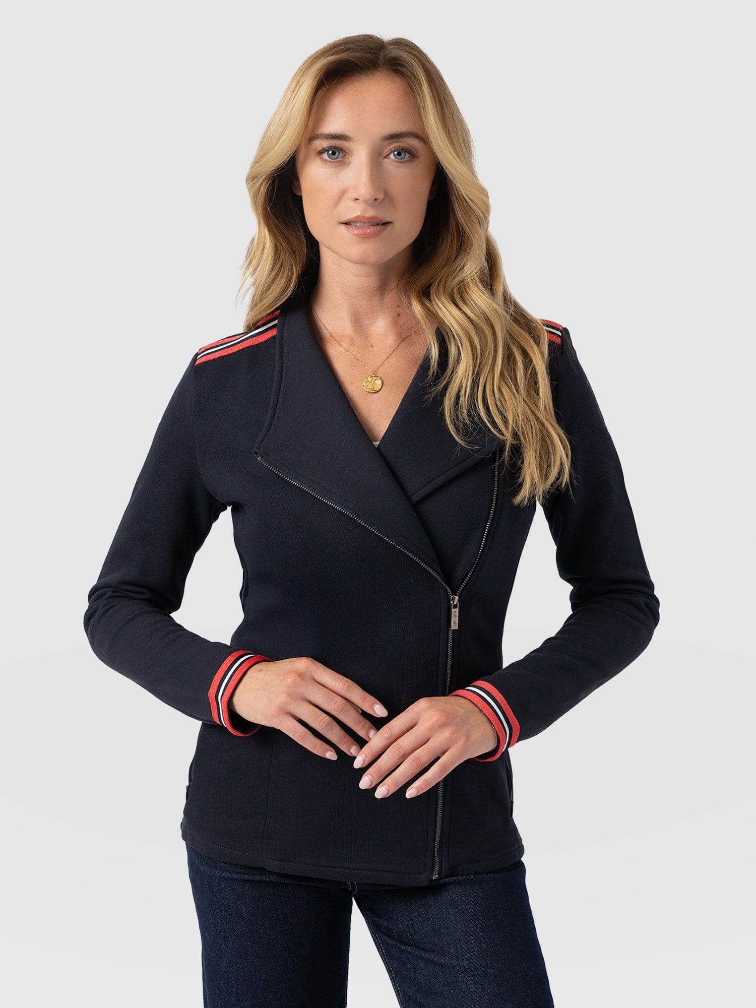 Cotton Biker Jacket Navy Stripe - Women's Jackets | Saint + Sofia® USA