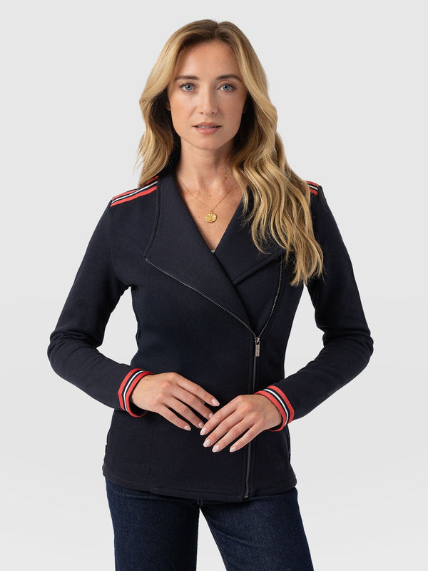 Cotton Biker Jacket Navy Stripe - Women's Jackets | Saint + Sofia® USA
