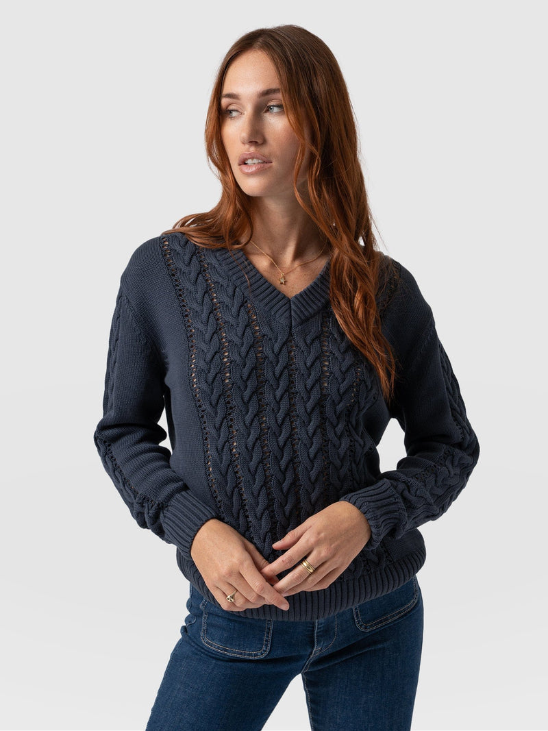 Cotton Cable Knit sweater Navy - Women's Sweaters | Saint + Sofia® USA