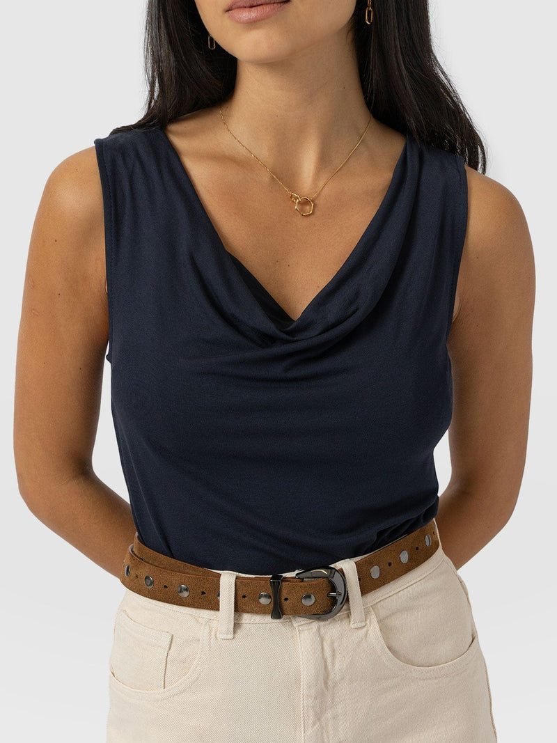 Cowl Neck Cami Navy - Women's T-Shirts | Saint + Sofia® USA