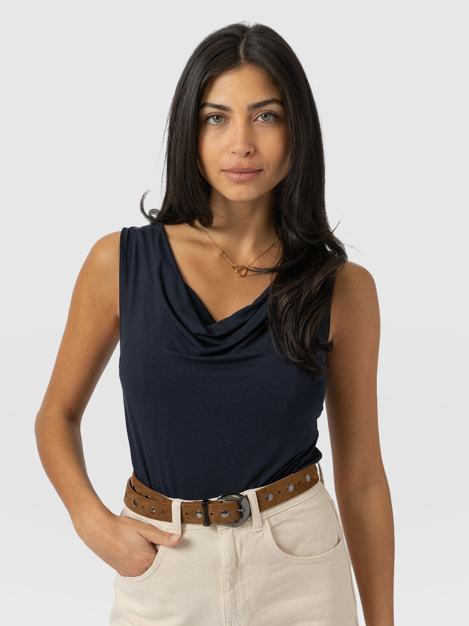 Cowl Neck Cami Navy - Women's T-Shirts | Saint + Sofia® USA