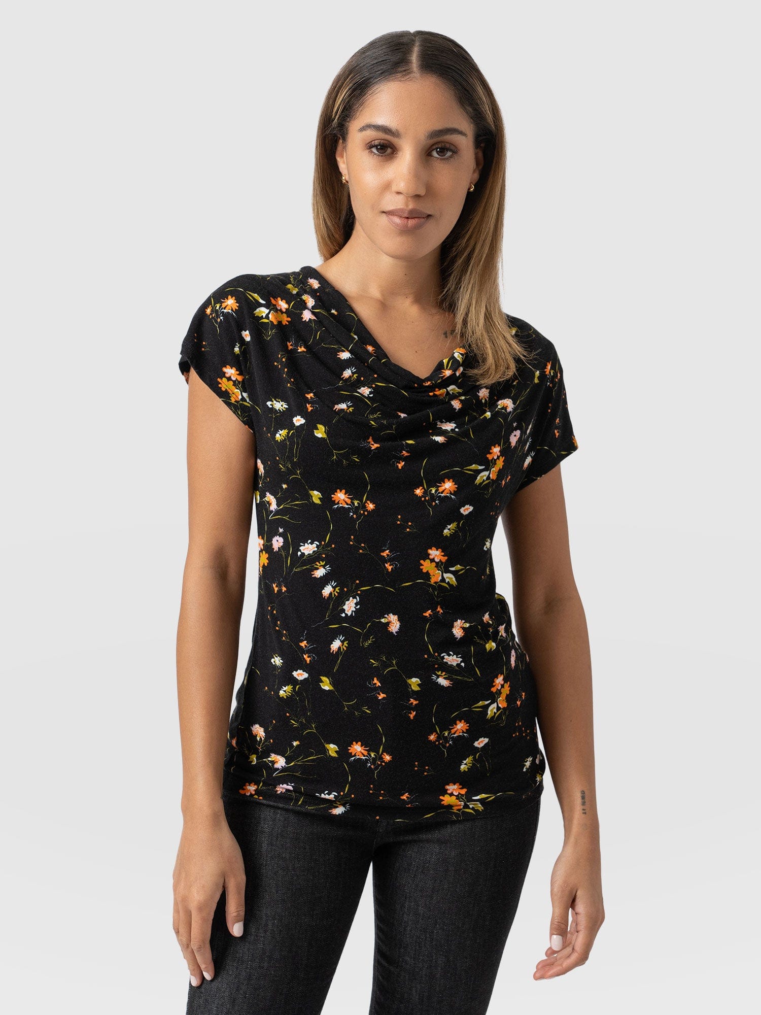 Cowl Neck Tee Black Floral - Women's T-Shirts | Saint + Sofia® USA