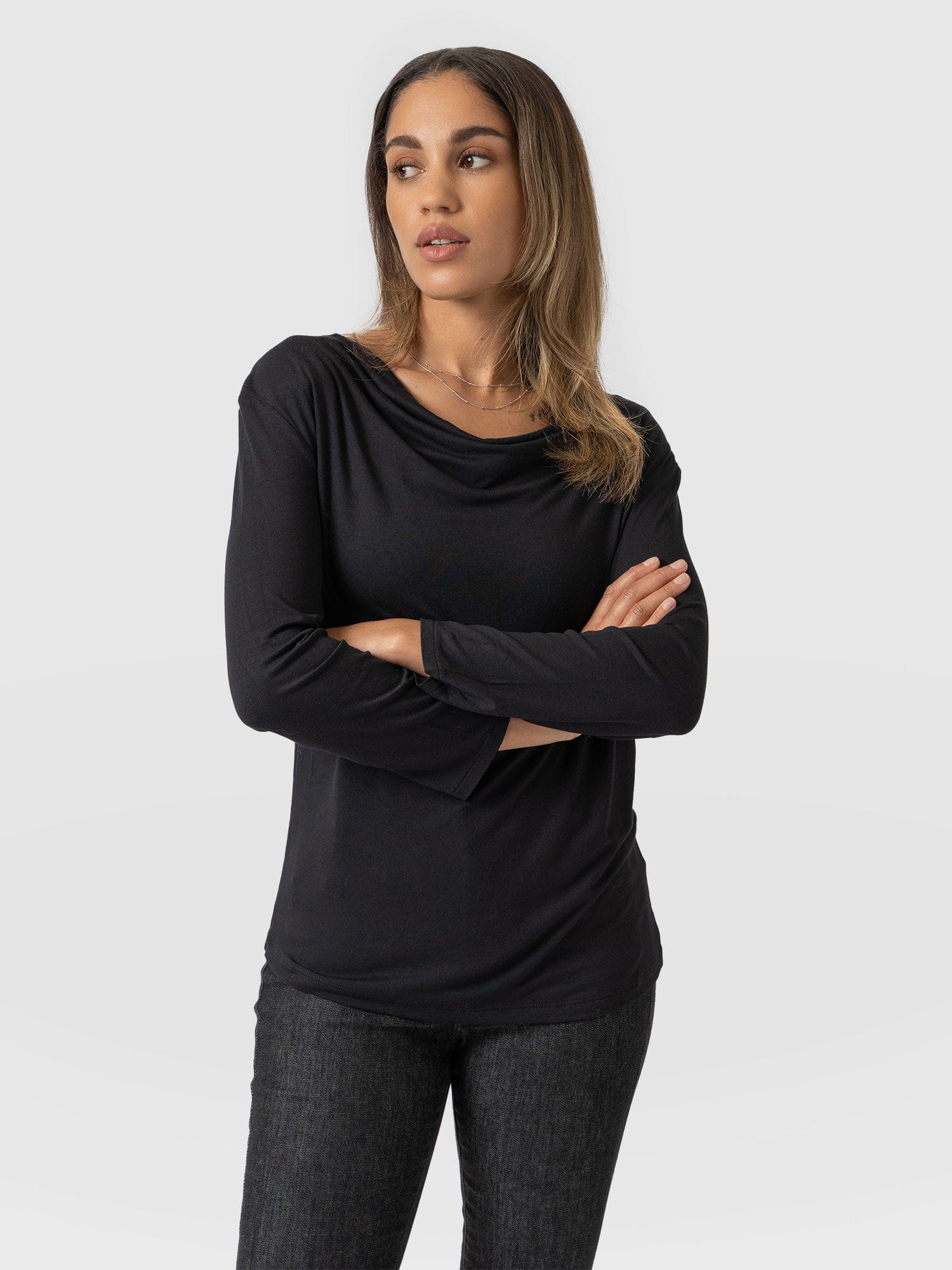 Cowl Neck Tee Black Long Sleeve - Women's T-Shirts | Saint + Sofia® USA