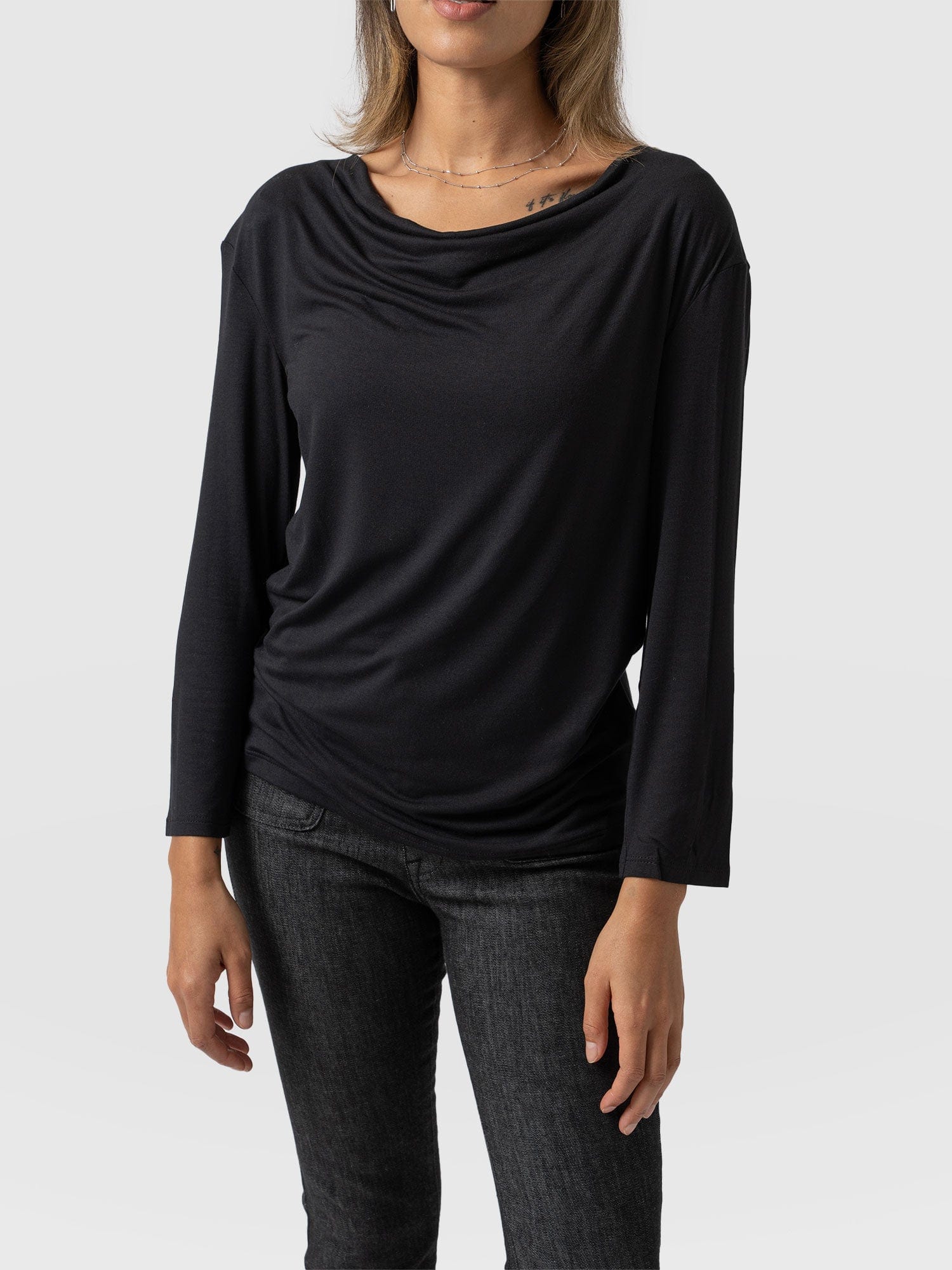 Cowl Neck Tee Black Long Sleeve - Women's T-Shirts | Saint + Sofia® USA