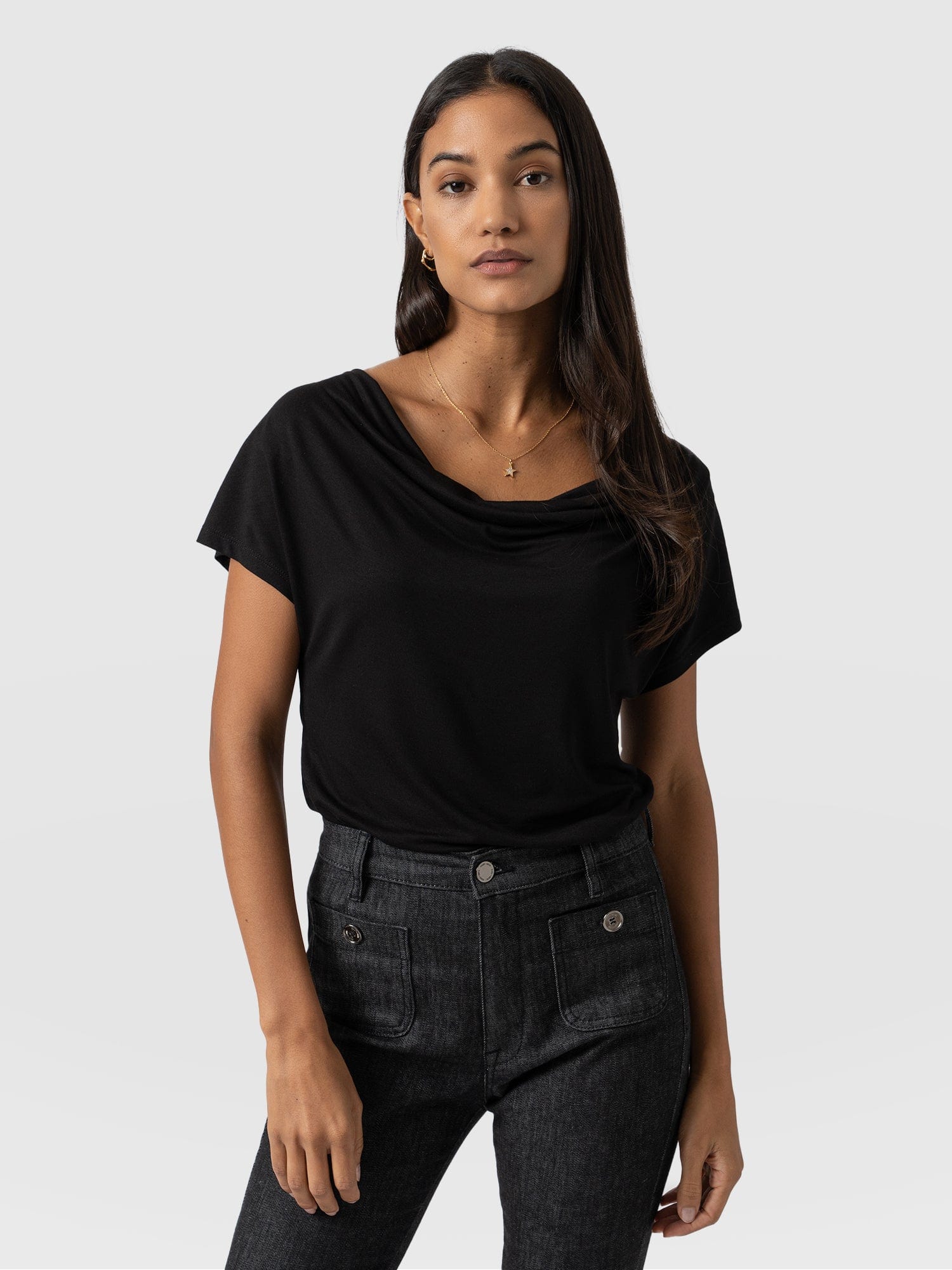 Cowl Neck Tee Black - Women's T-Shirts | Saint + Sofia® USA