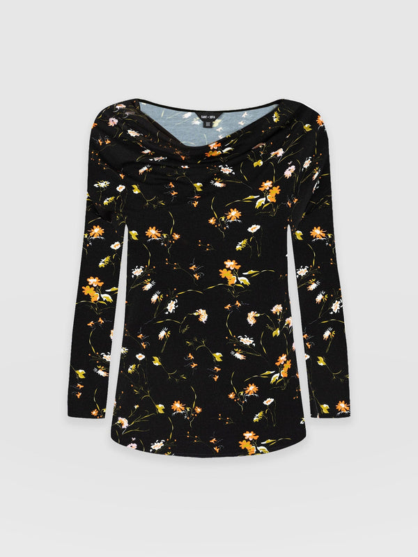 Cowl Neck Tee Long Sleeve Black Floral - Women's T-Shirts | Saint + Sofia® US