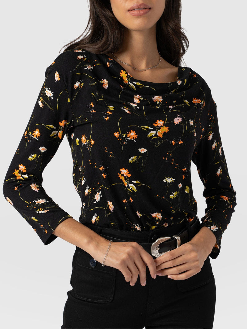 Cowl Neck Tee Long Sleeve Black Floral - Women's T-Shirts | Saint + Sofia® US