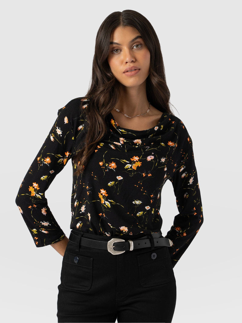 Cowl Neck Tee Long Sleeve Black Floral - Women's T-Shirts | Saint + Sofia® US