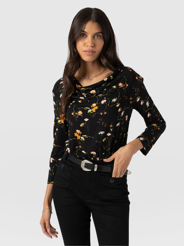 Cowl Neck Tee Long Sleeve Black Floral - Women's T-Shirts | Saint + Sofia® US