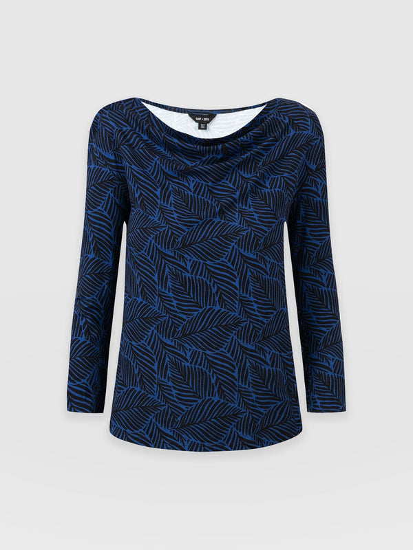 Cowl Neck Tee Long Sleeve Blue Leaf - Women's T-Shirts | Saint + Sofia® UK