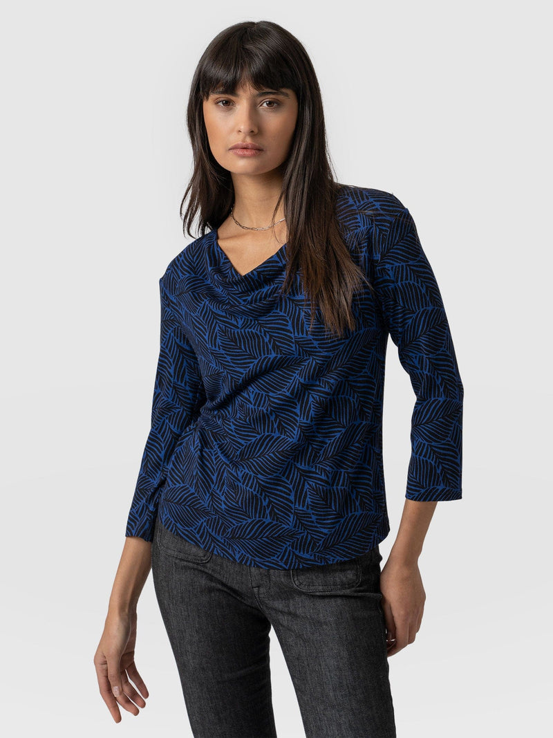 Cowl Neck Tee Long Sleeve Blue Leaf - Women's T-Shirts | Saint + Sofia® USA
