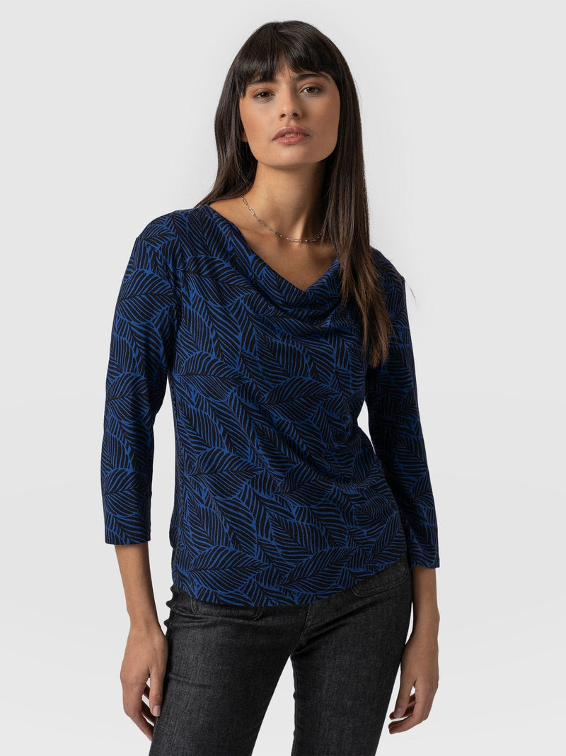 Cowl Neck Tee Long Sleeve Blue Leaf - Women's T-Shirts | Saint + Sofia® USA