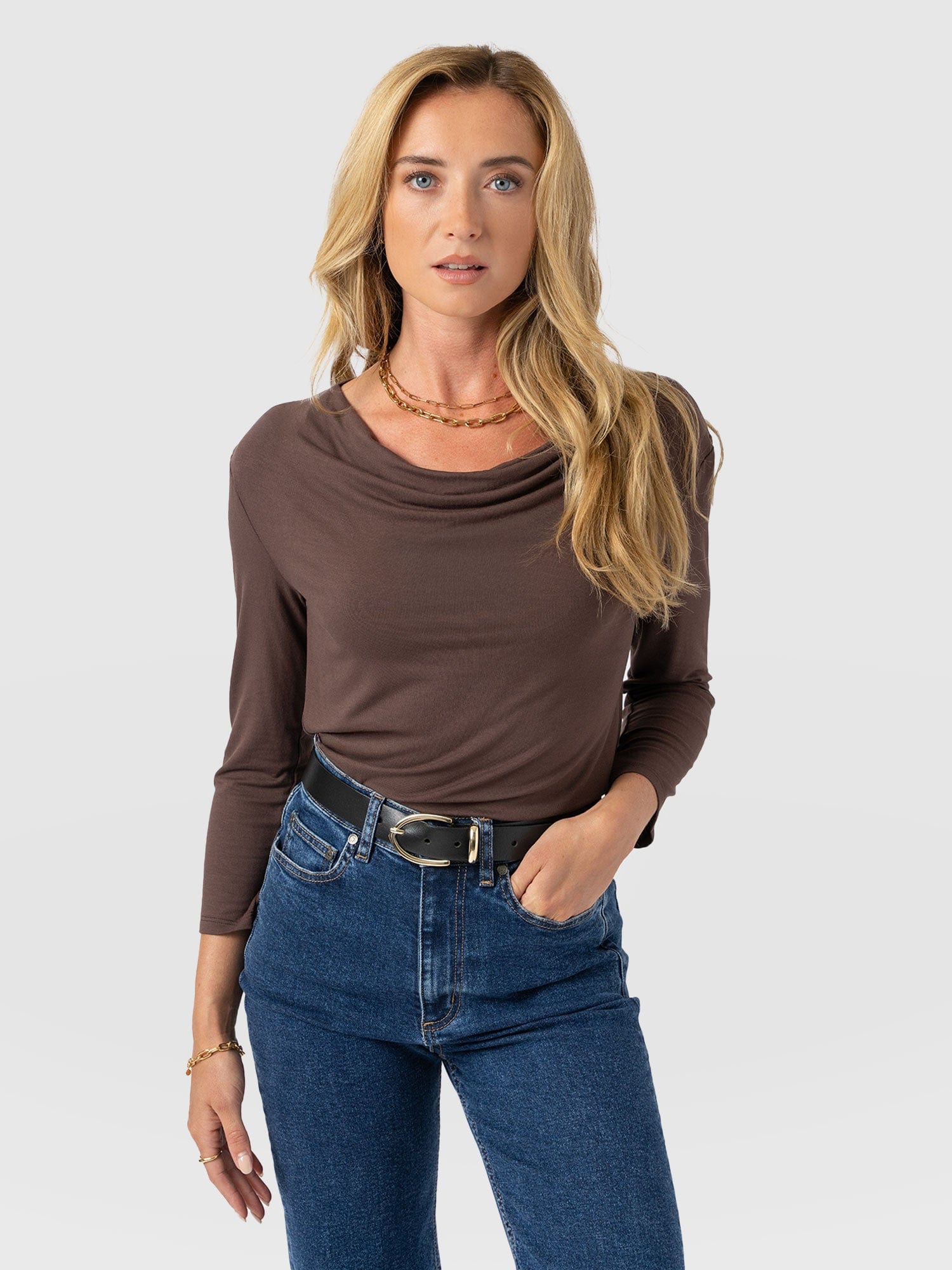 Cowl Neck Tee Long Sleeve - Maroon - Women's T-shirts | Saint + Sofia® USA