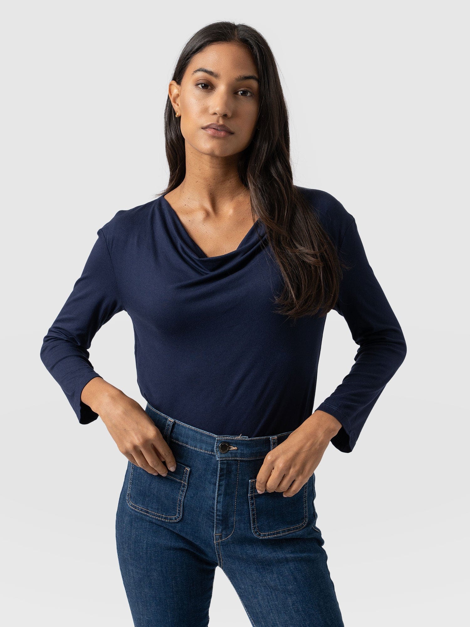 Cowl Neck Tee Navy Sleeves - Women's T-Shirts | Saint + Sofia® USA