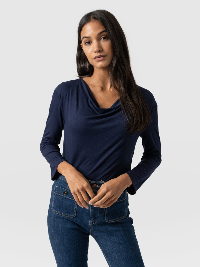 Cowl Neck Tee Navy Sleeves - Women's T-Shirts | Saint + Sofia® USA