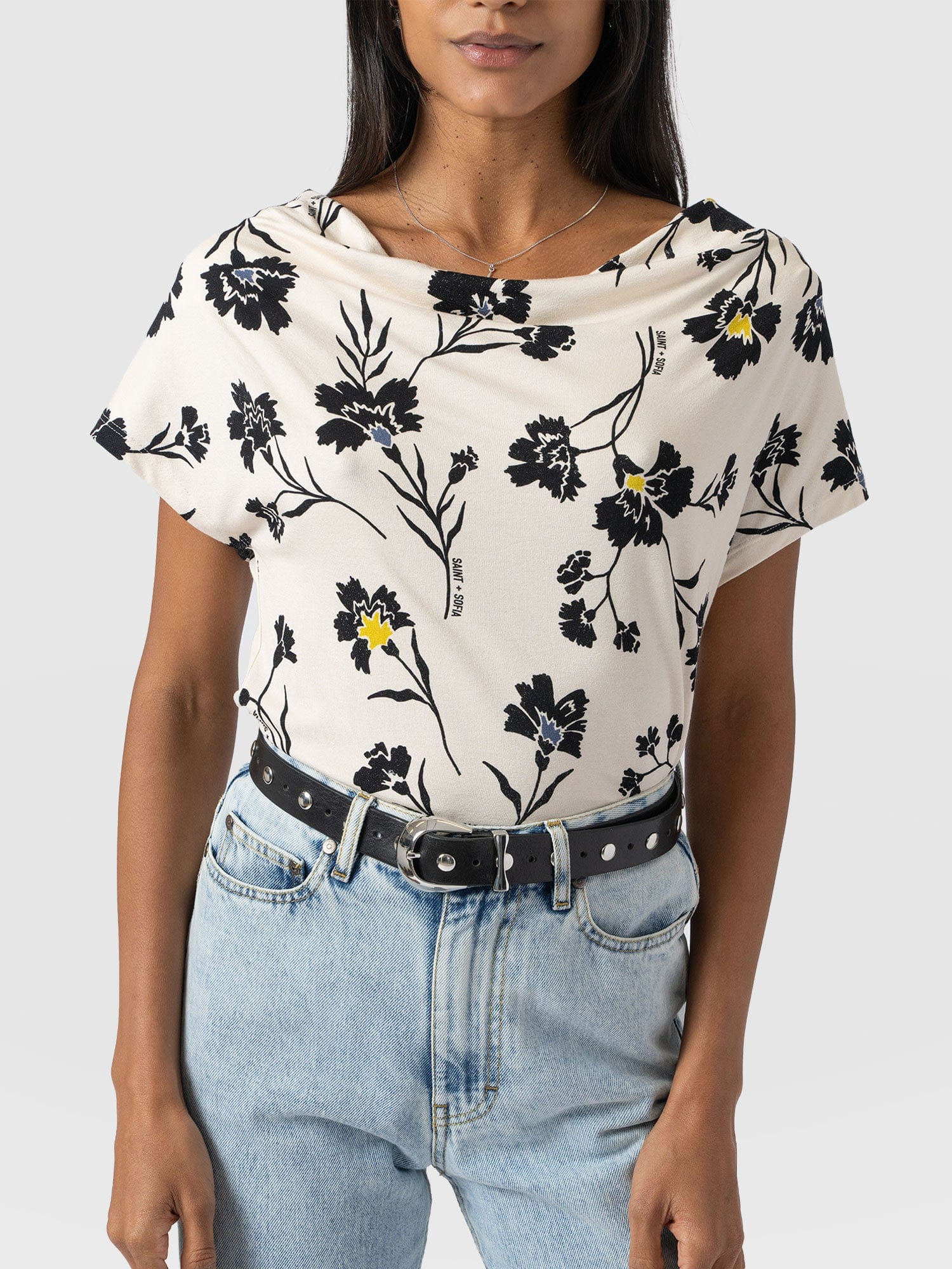 Cowl Neck Tee - White Spring Floral - Women's T-Shirts | Saint + Sofia® USA