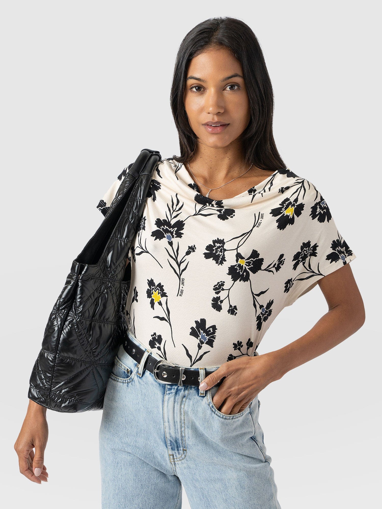 Cowl Neck Tee - White Spring Floral - Women's T-Shirts | Saint + Sofia® USA