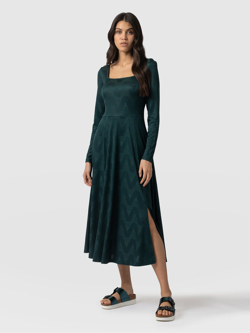 Darcey Flared Dress Teal Jacquard - Women's Dresses | Saint + Sofia® USA