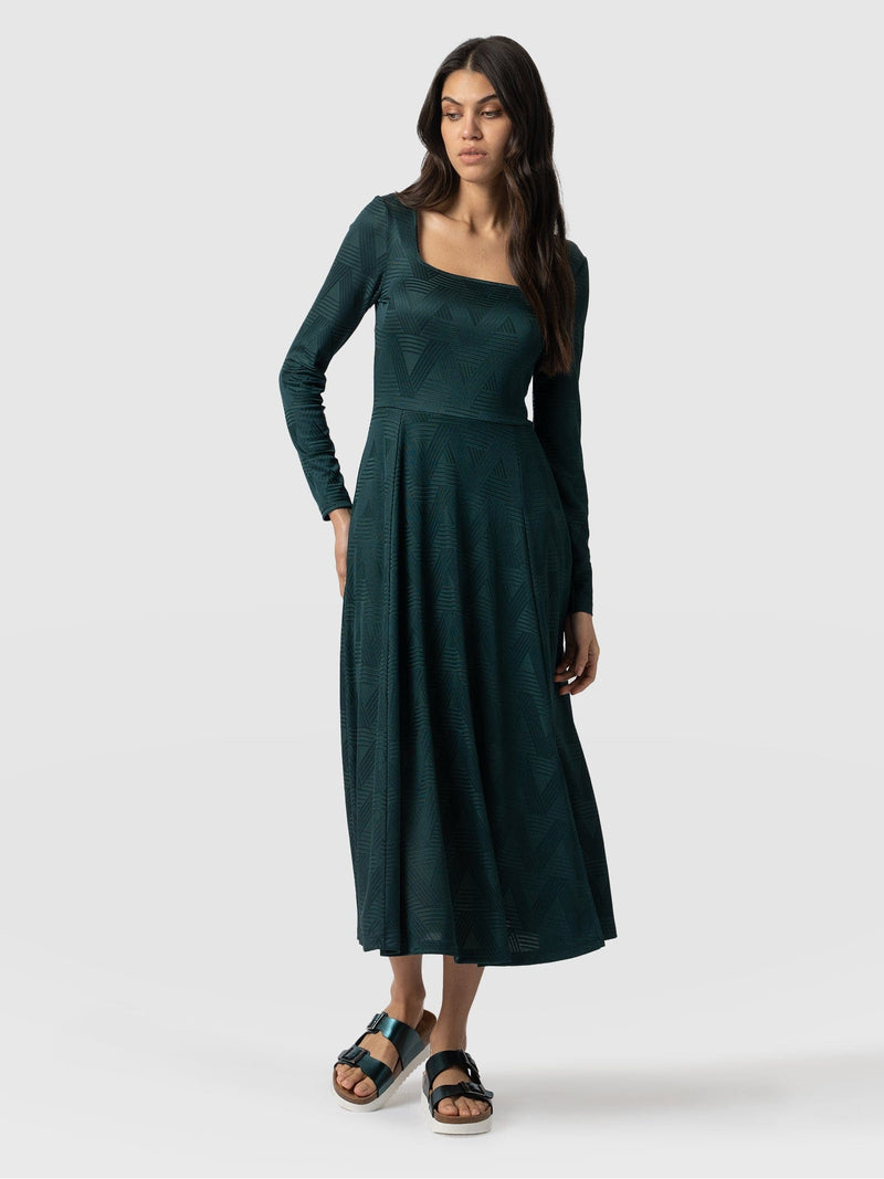 Darcey Flared Dress Teal Jacquard - Women's Dresses | Saint + Sofia® USA