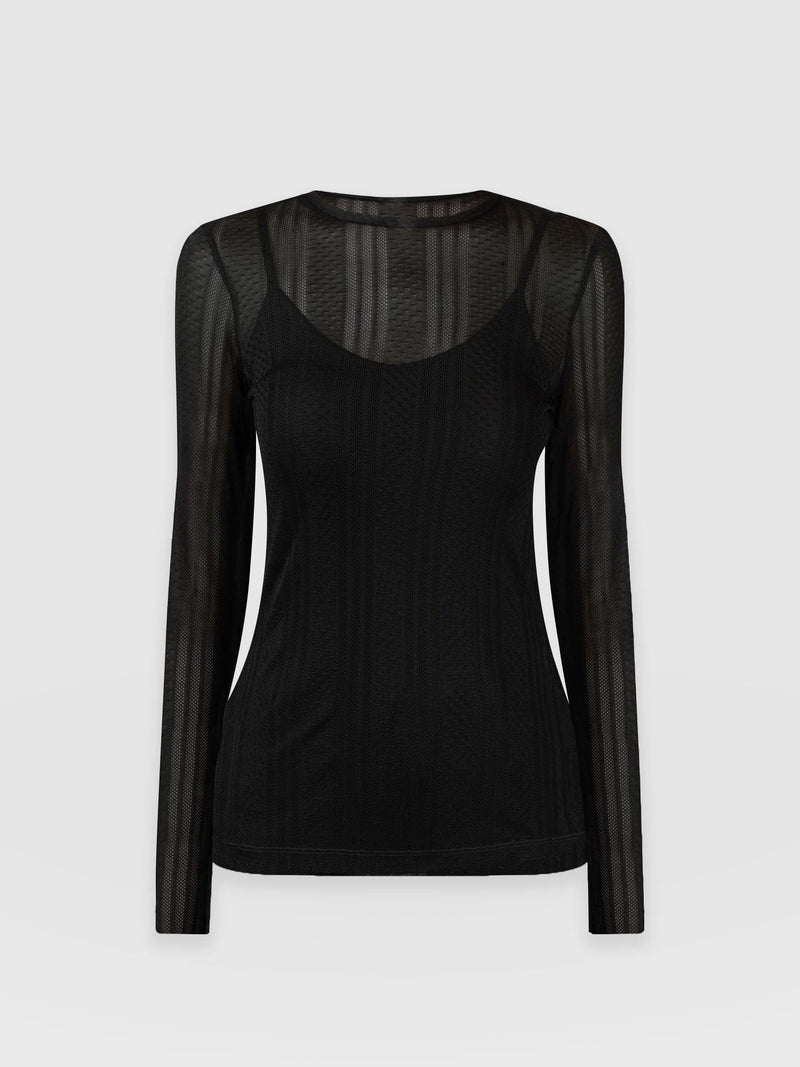 Black Long Sleeve Sheer Mesh Top with Round Neckline: Women's