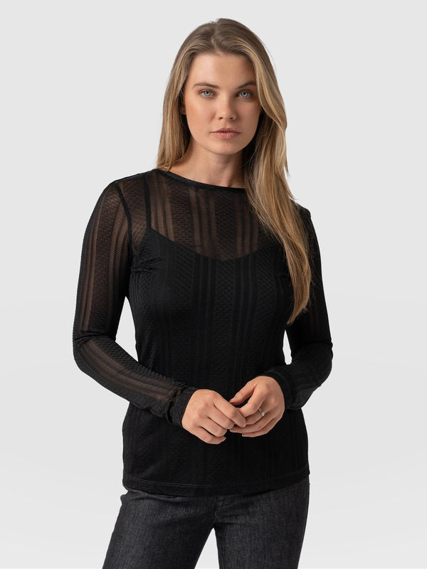 Long Sleeve Women's Black Lace V-Neck Top