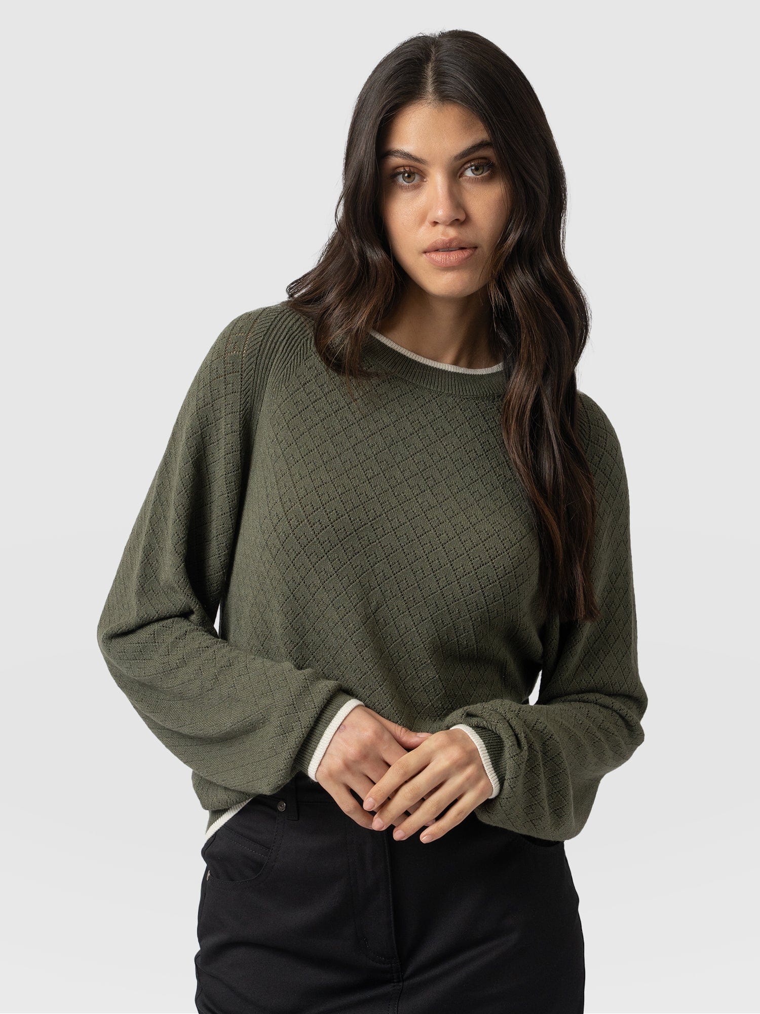 Diamond Knit Jumper Khaki - Women's Jumpers | Saint + Sofia® USA