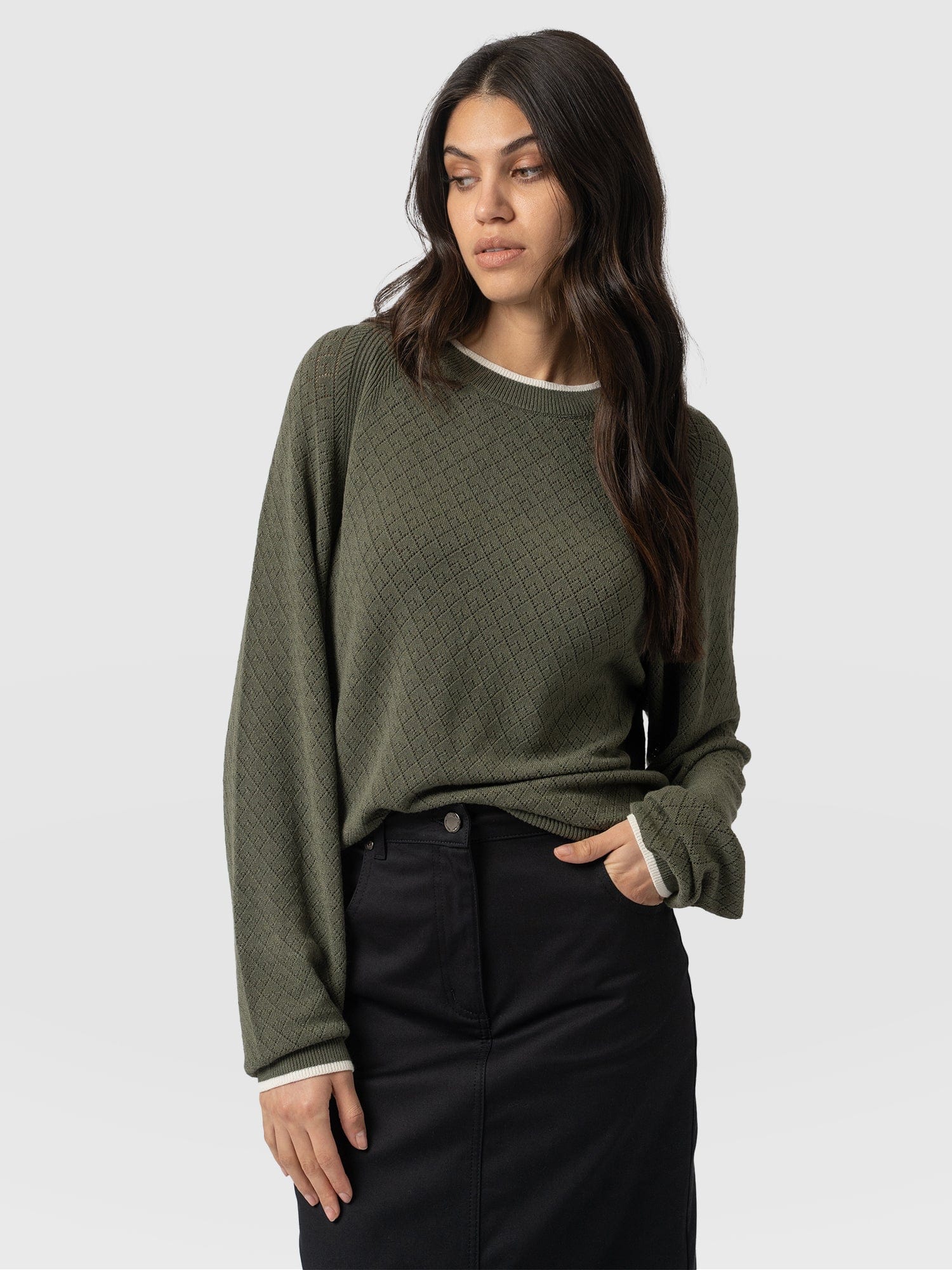 Diamond Knit Jumper Khaki - Women's Jumpers | Saint + Sofia® USA