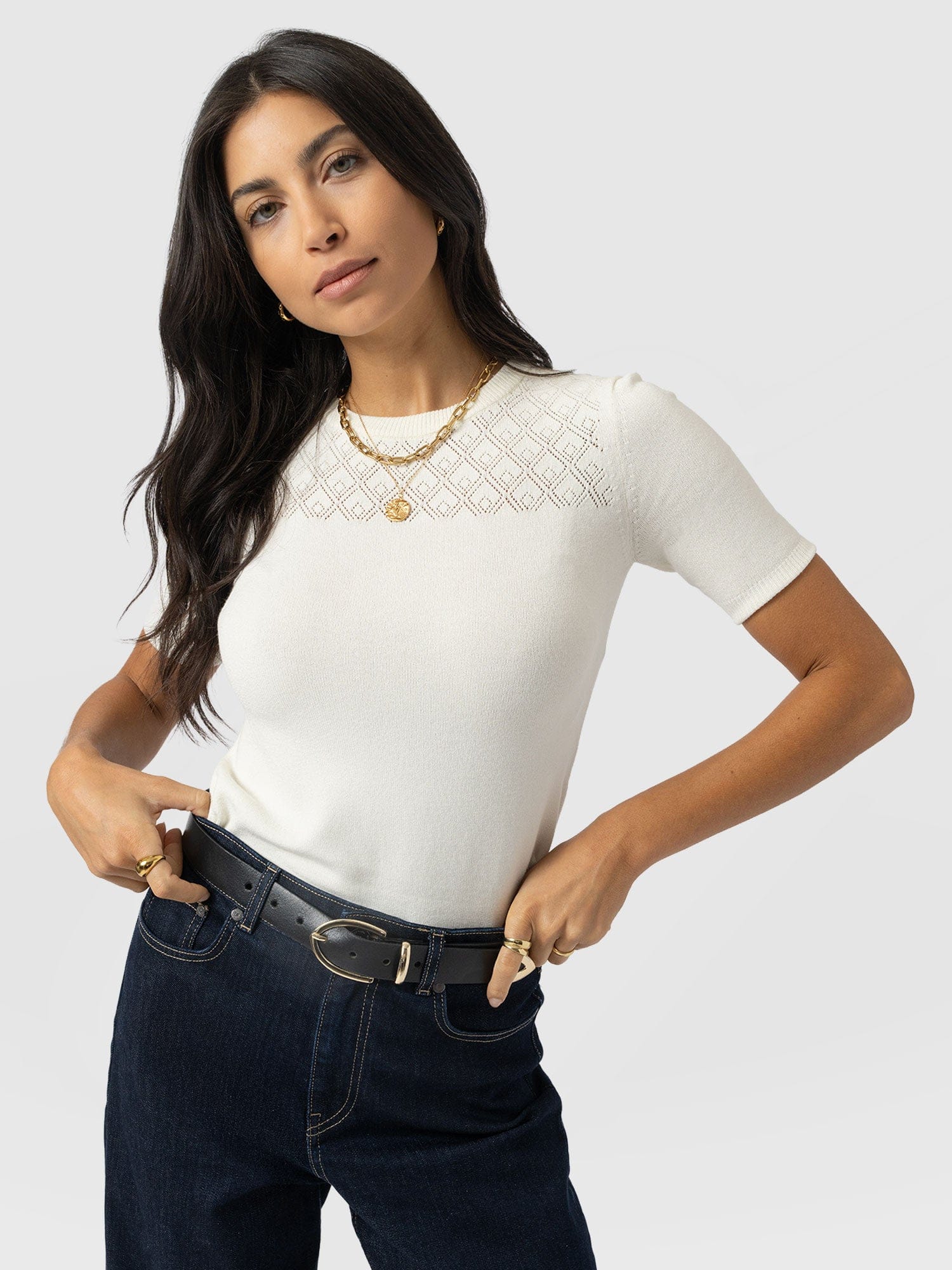 Diamond Knit Tee - Cream - Women's Sweaters | Saint + Sofia® USA