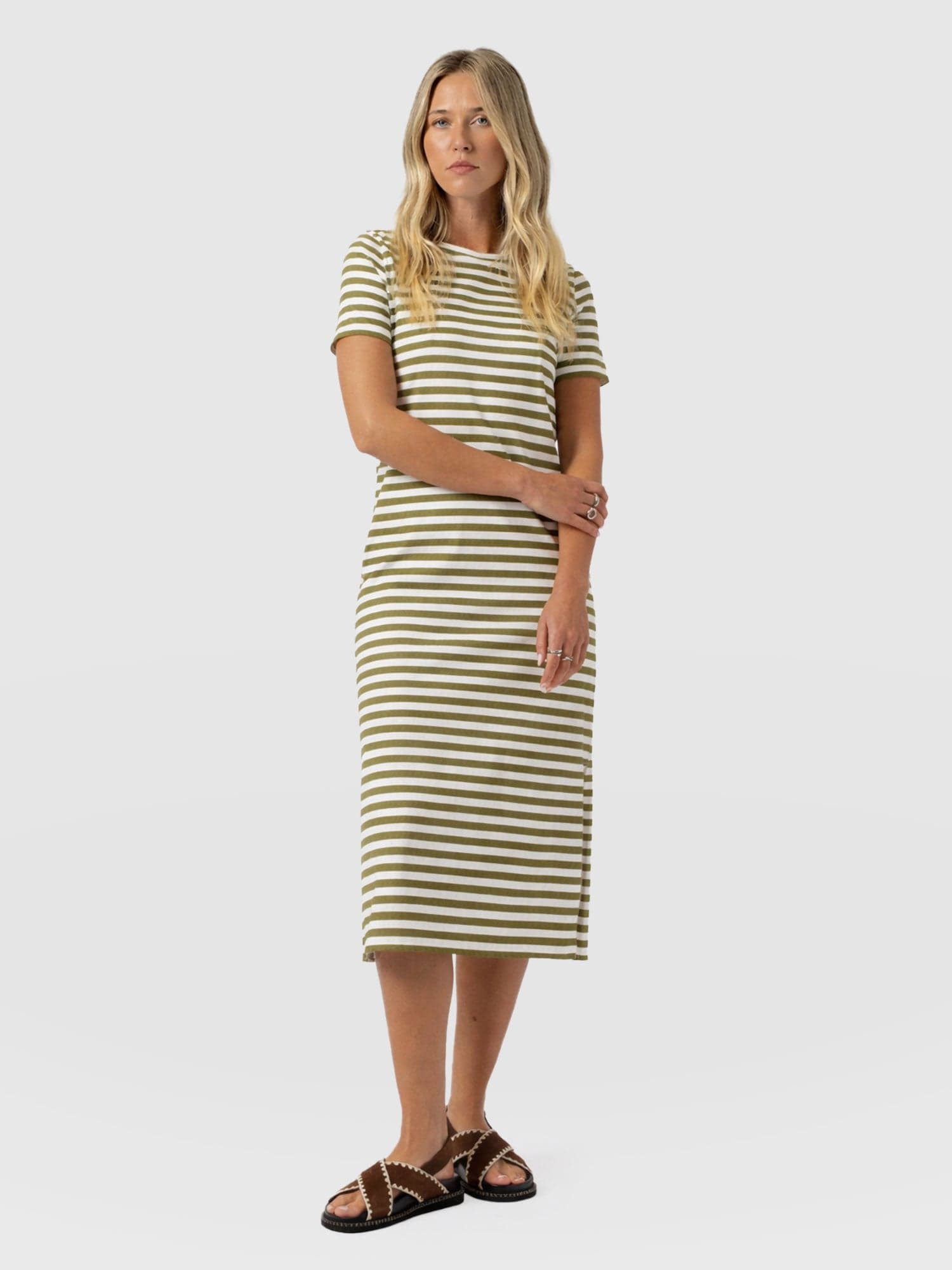Easy T - Shirt Midi Dress - Green Stripe - Women's Dresses | Saint + Sofia® USA