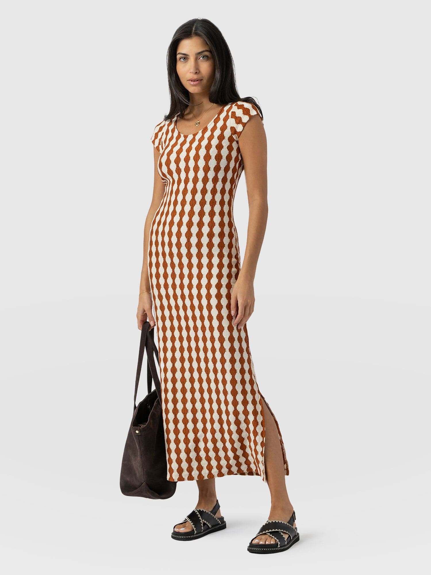 Edna Scoop Neck Midaxi Dress - Brown/Cream - Women's Dresss | Saint + Sofia® USA
