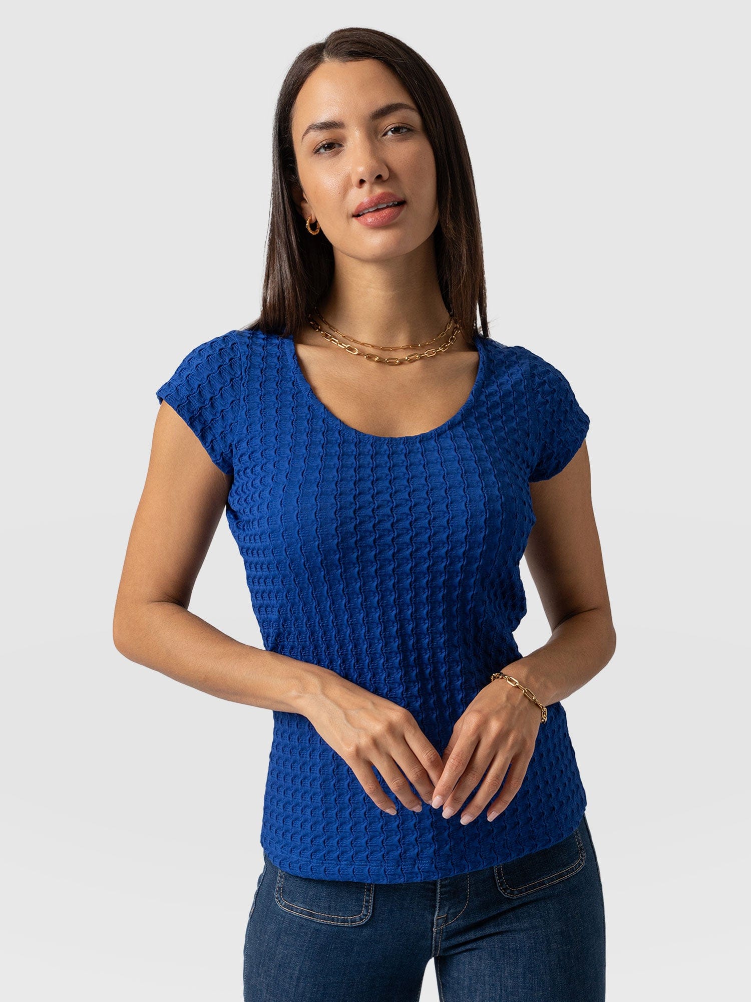 Edna Scoop Neck Tee Blue Jacquard - Women's T-Shirts | Saint + Sofia® UK