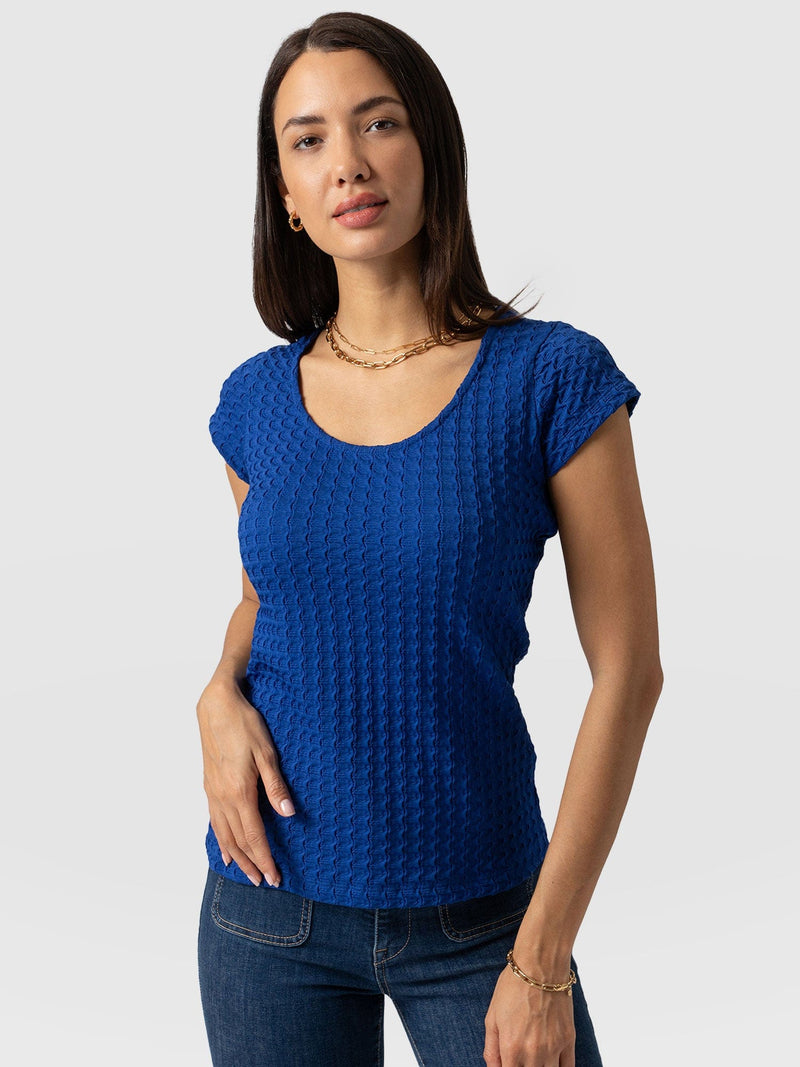 Edna Scoop Neck Tee Blue Jacquard - Women's T-Shirts | Saint + Sofia® UK