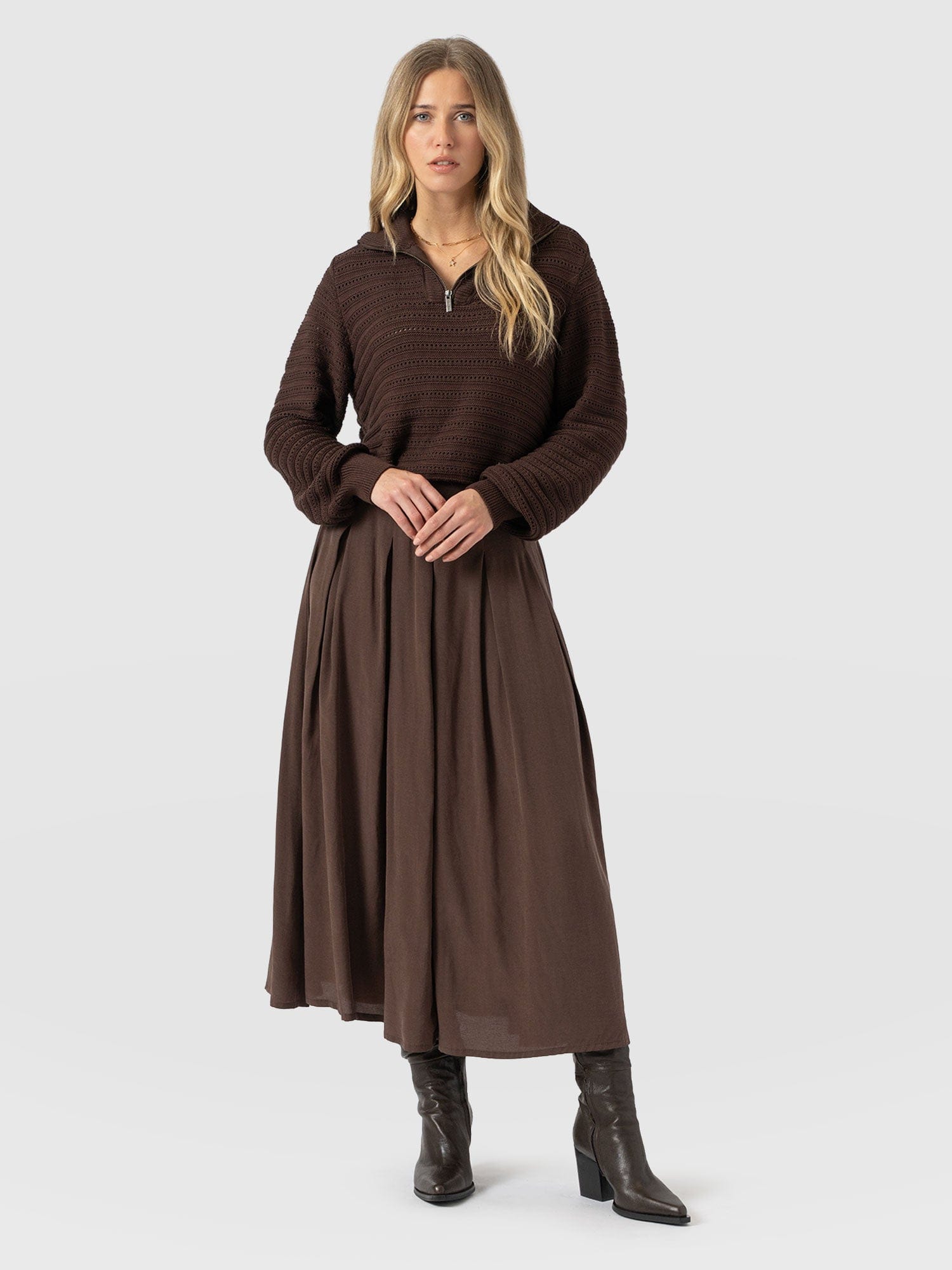 Eliza Pleated Skirt - Brown - Women's Skirts | Saint + Sofia® USA