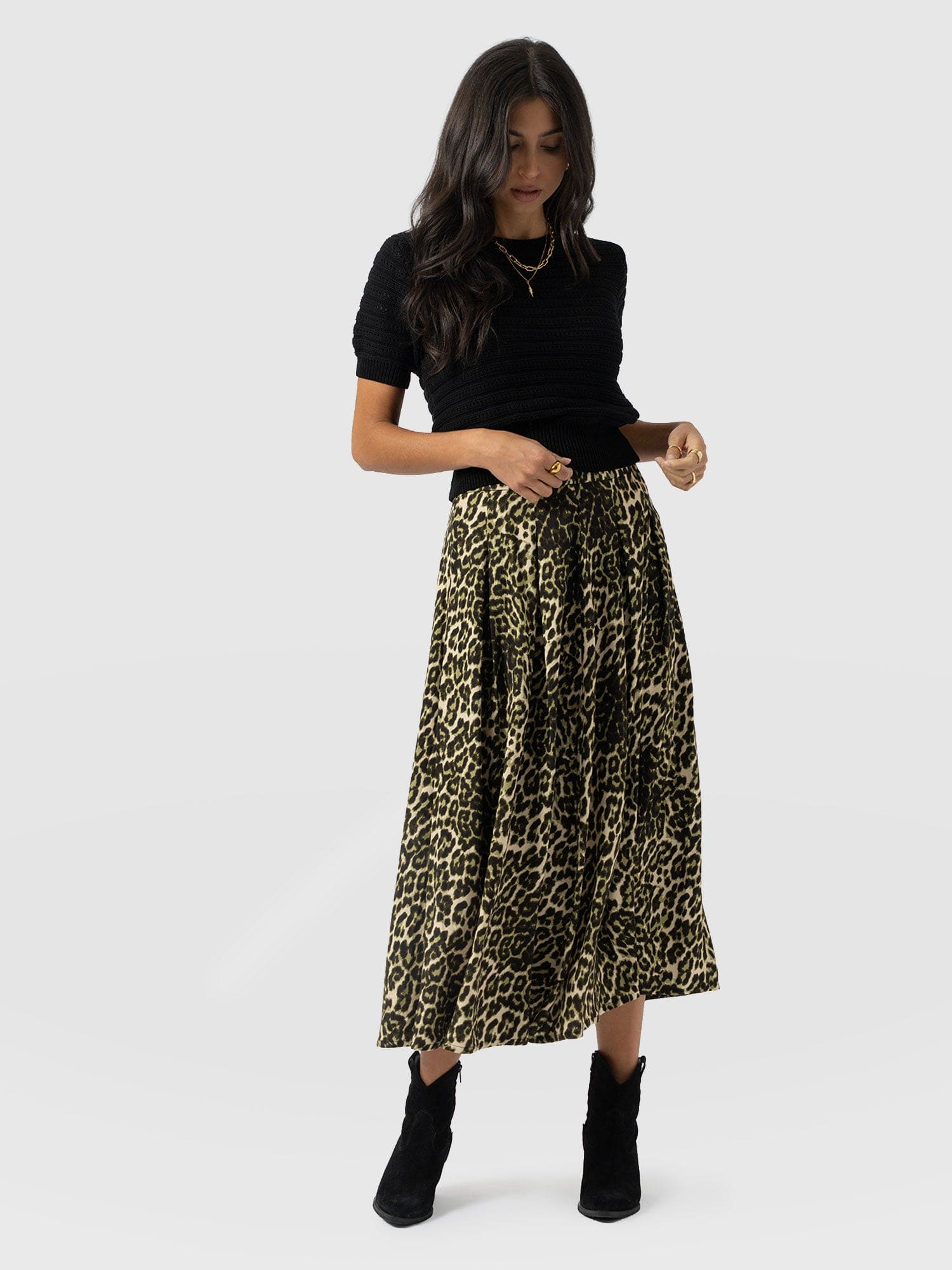 Eliza Pleated Skirt - Green Leopard - Women's Skirts | Saint + Sofia® USA