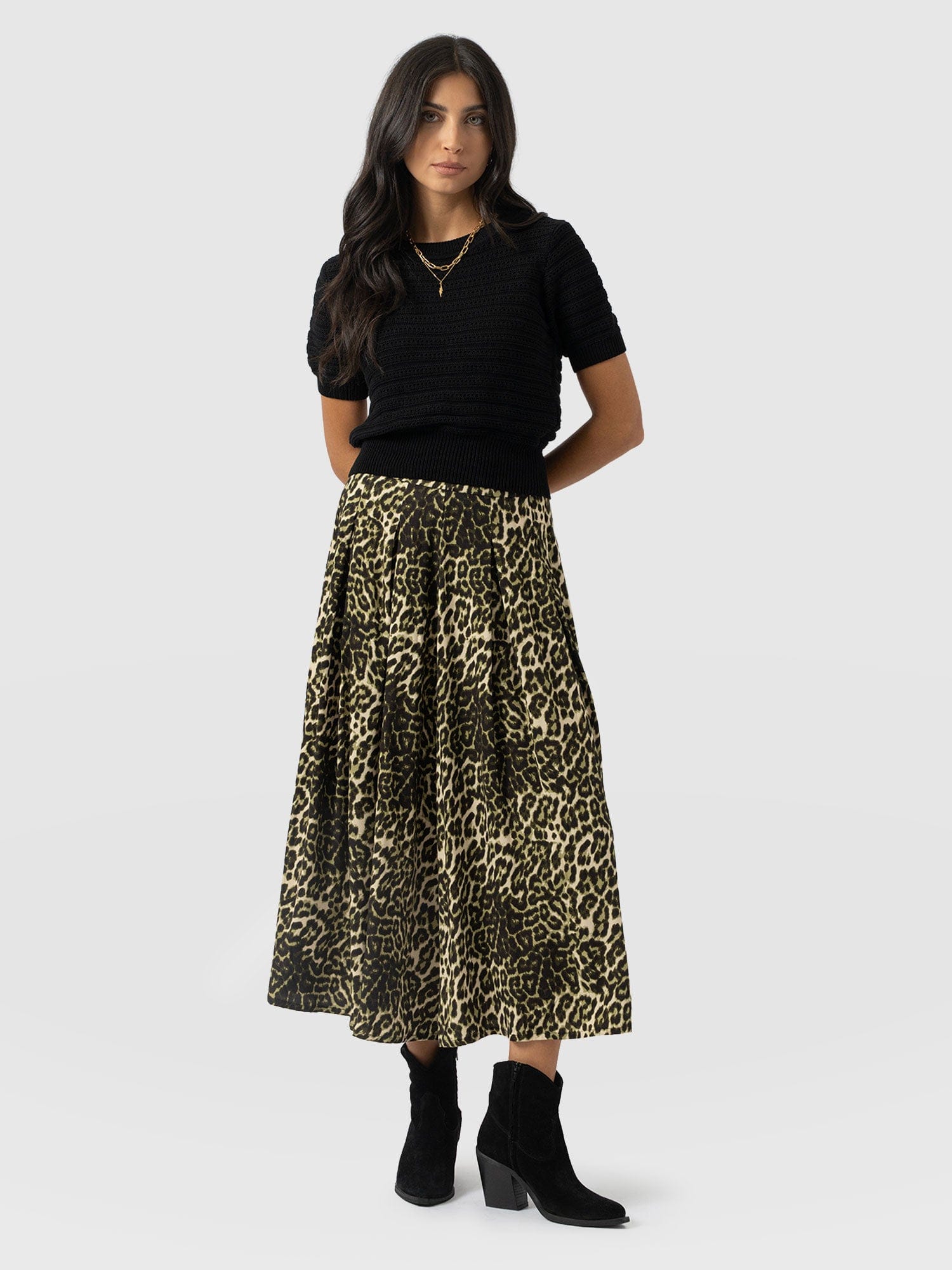Eliza Pleated Skirt - Green Leopard - Women's Skirts | Saint + Sofia® USA