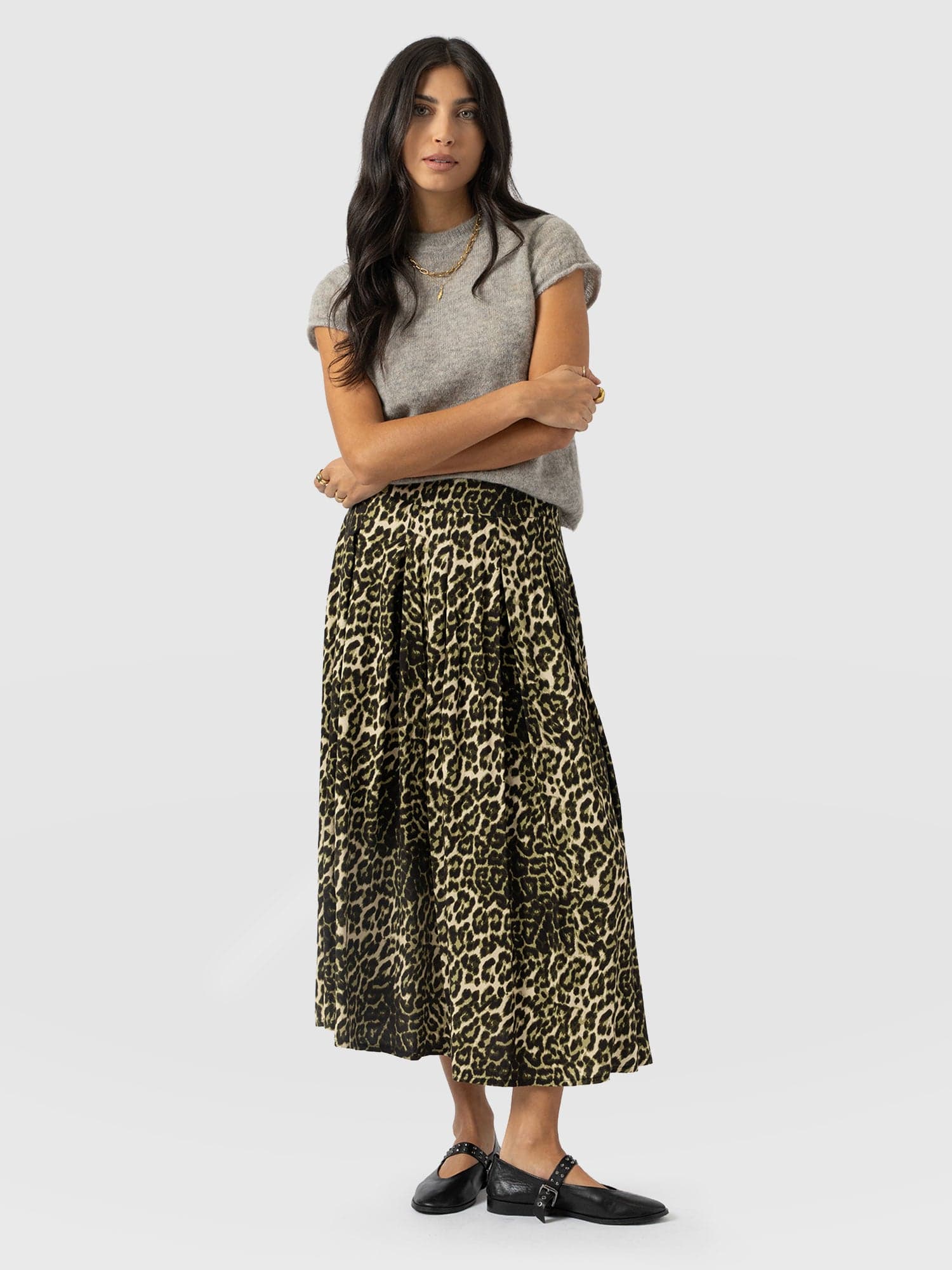 Eliza Pleated Skirt - Green Leopard - Women's Skirts | Saint + Sofia® USA