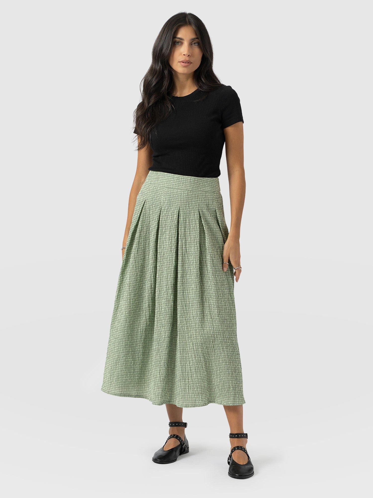 Eliza Pleated Skirt - Mint Gingham - Women's Skirts | Saint + Sofia® USA