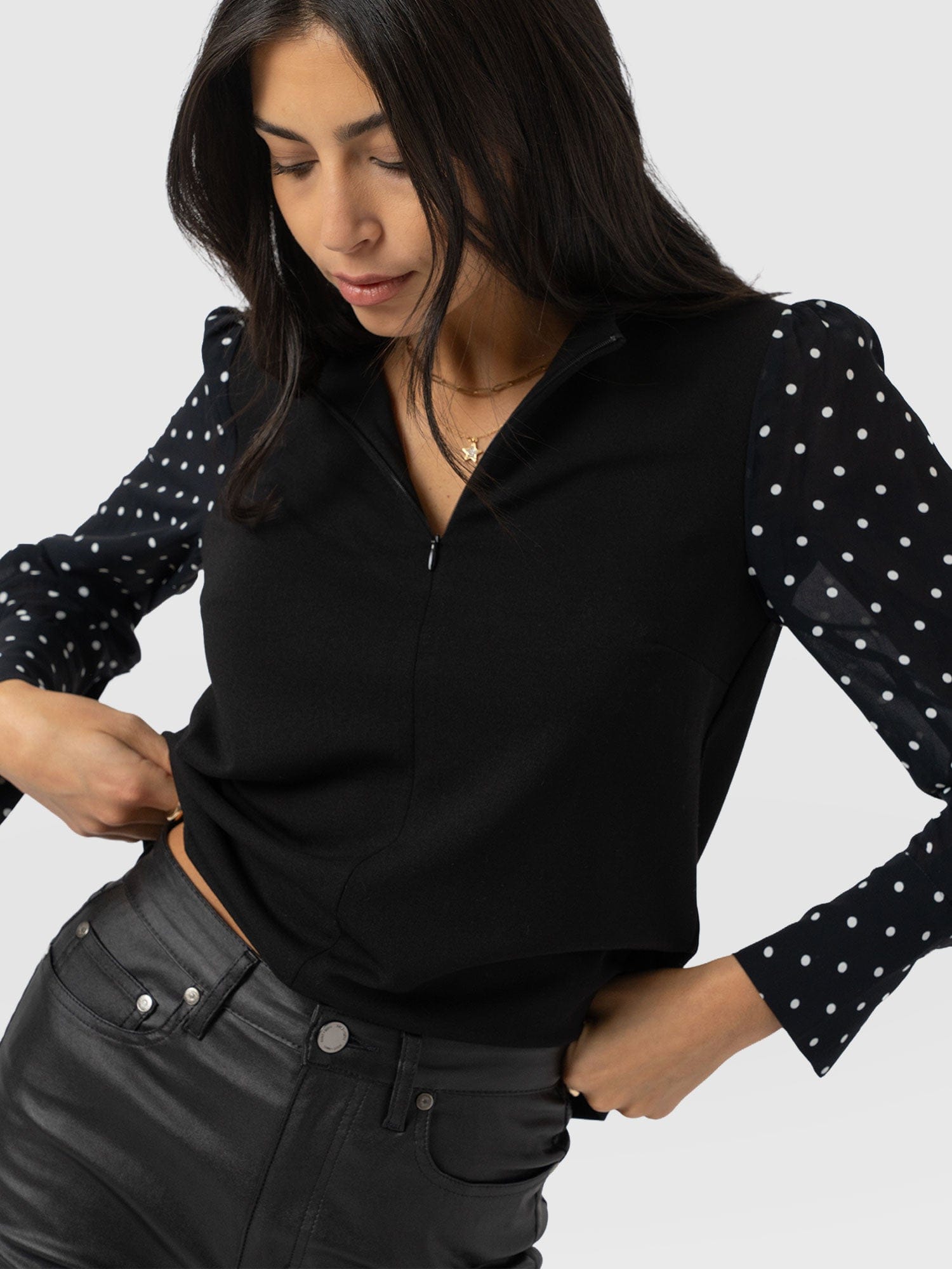 Ella Zip Up Top - Black Polka Dot - Women's T-shirts | Saint + Sofia® USA