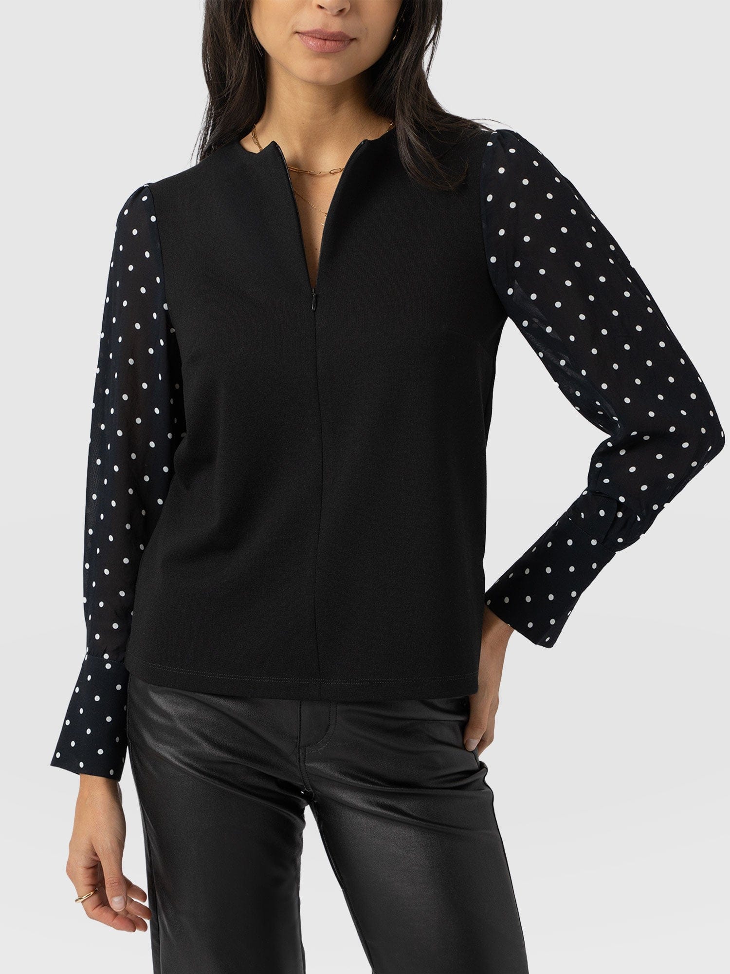 Ella Zip Up Top - Black Polka Dot - Women's T-shirts | Saint + Sofia® USA