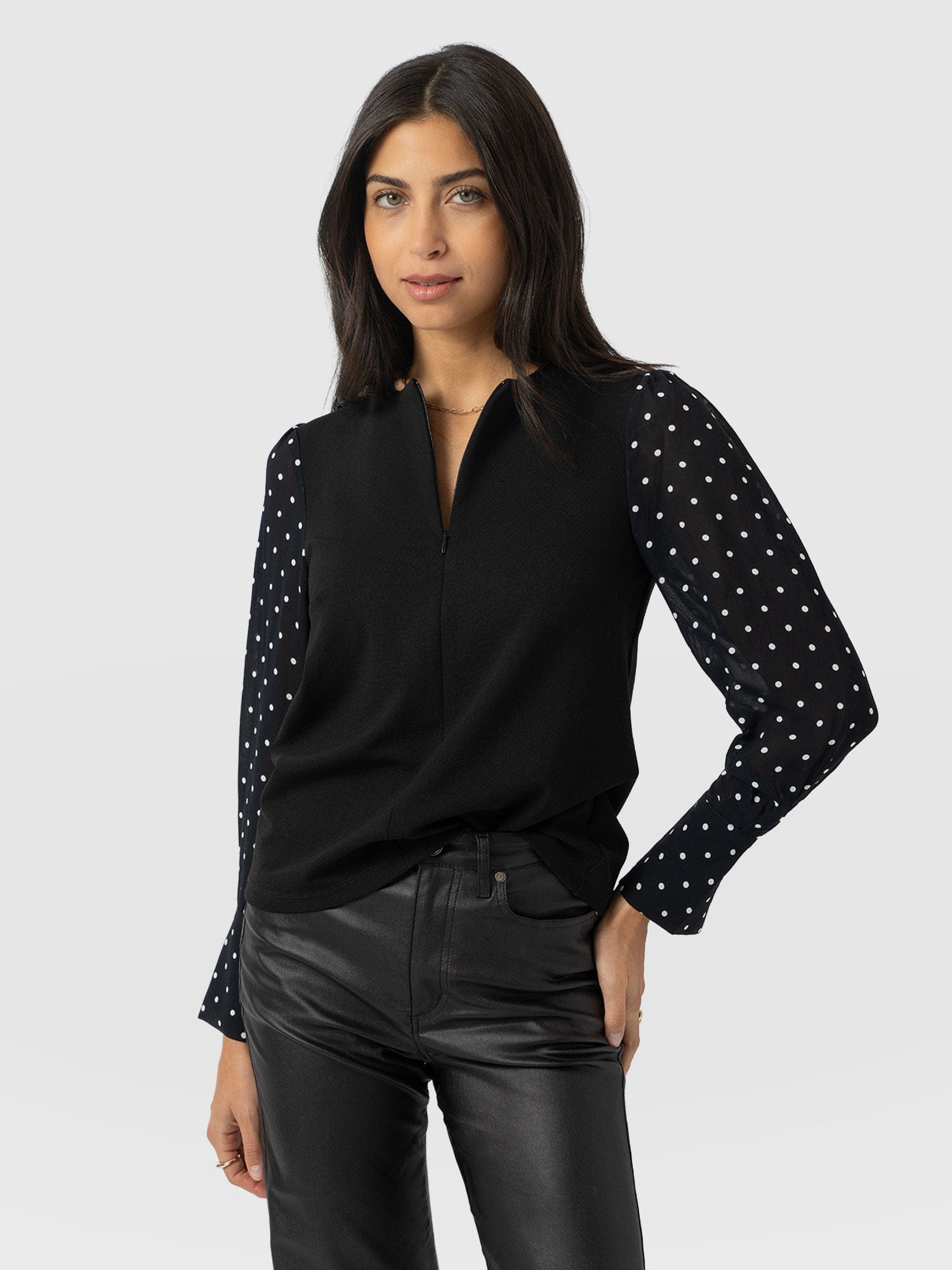 Ella Zip Up Top - Black Polka Dot - Women's T-shirts | Saint + Sofia® USA