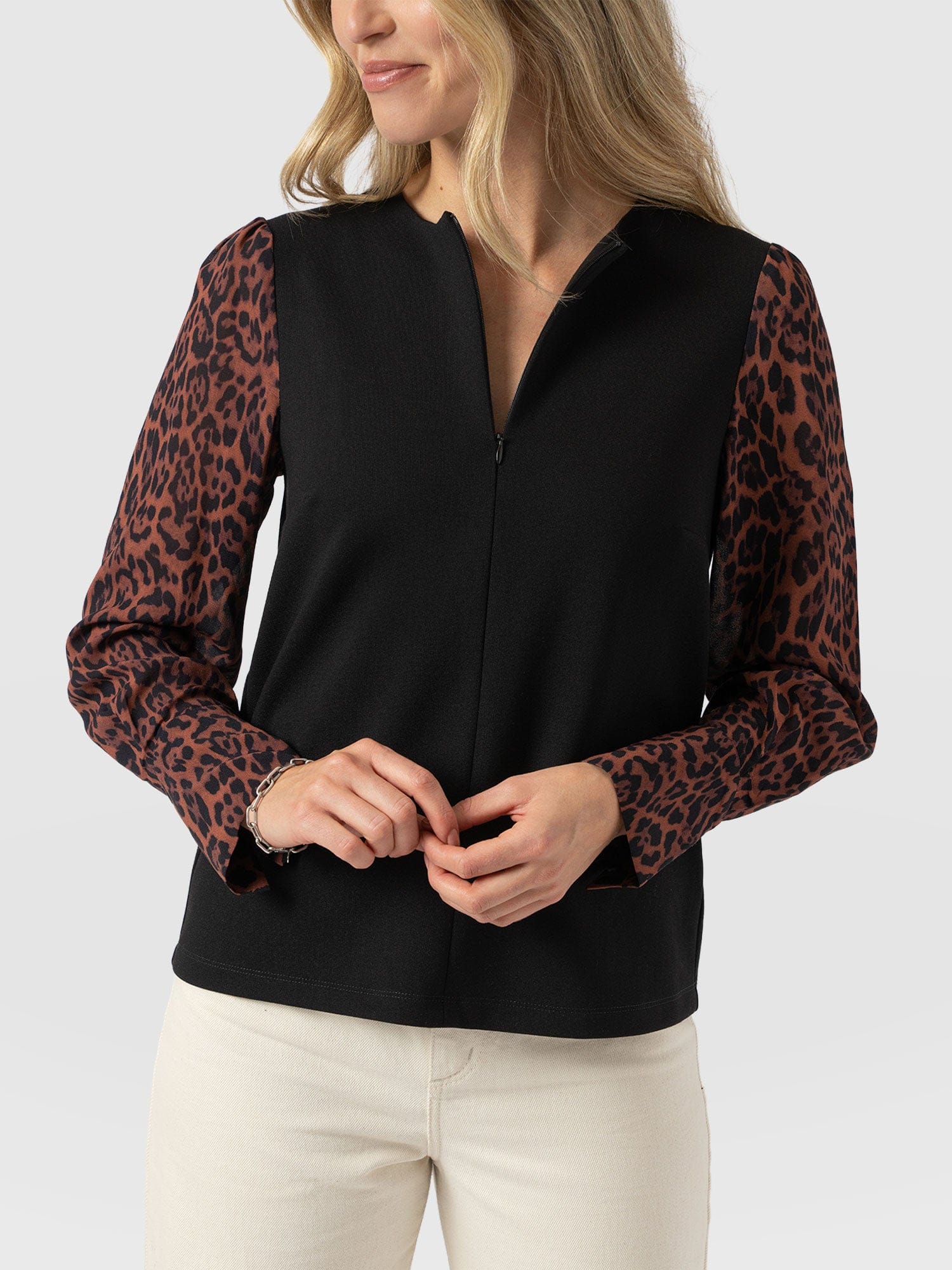 Ella Zip Up Top - Brown Leopard - Women's T-shirts | Saint + Sofia® USA