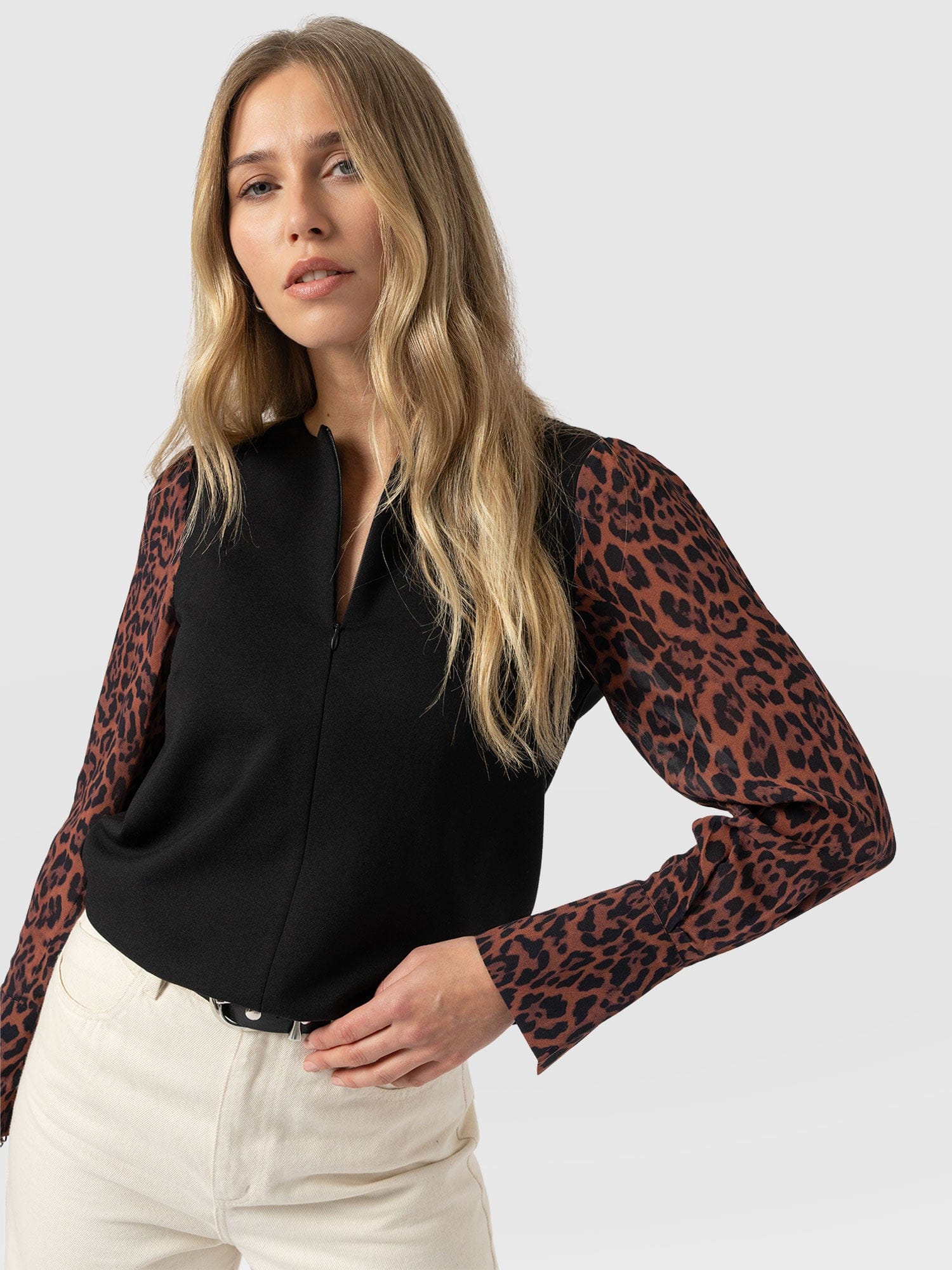 Ella Zip Up Top - Brown Leopard - Women's T-shirts | Saint + Sofia® USA