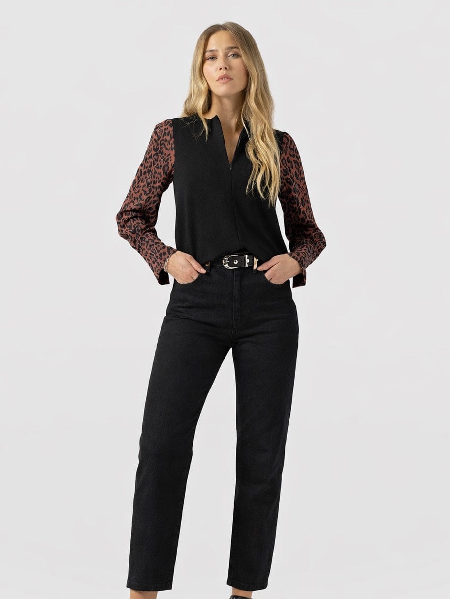 Ella Zip Up Top - Brown Leopard - Women's T-shirts | Saint + Sofia® USA