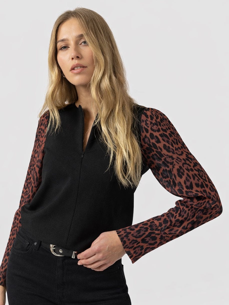 Ella Zip Up Top - Brown Leopard - Women's T-shirts | Saint + Sofia® USA