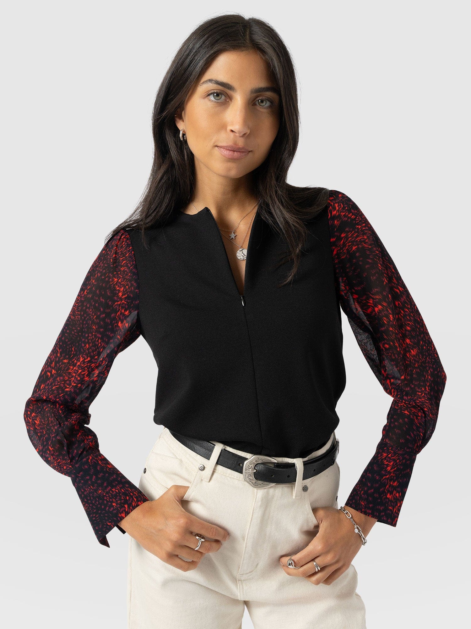 Ella Zip Up Top - Red Fade Spot - Women's T-shirts | Saint + Sofia® USA