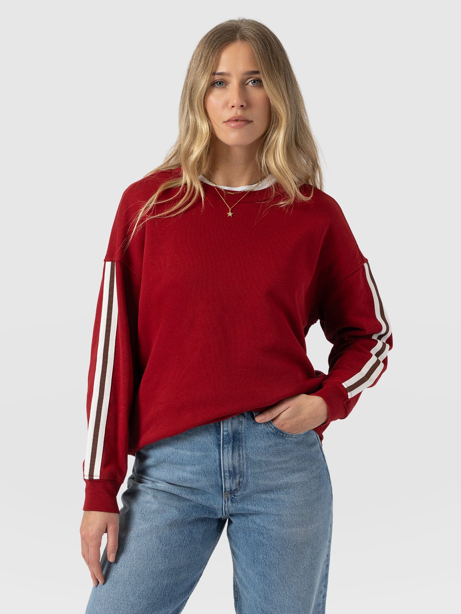 Victory Sweatshirt - Red - Brown Stripe - Women's Sweaters | Saint + Sofia® USA