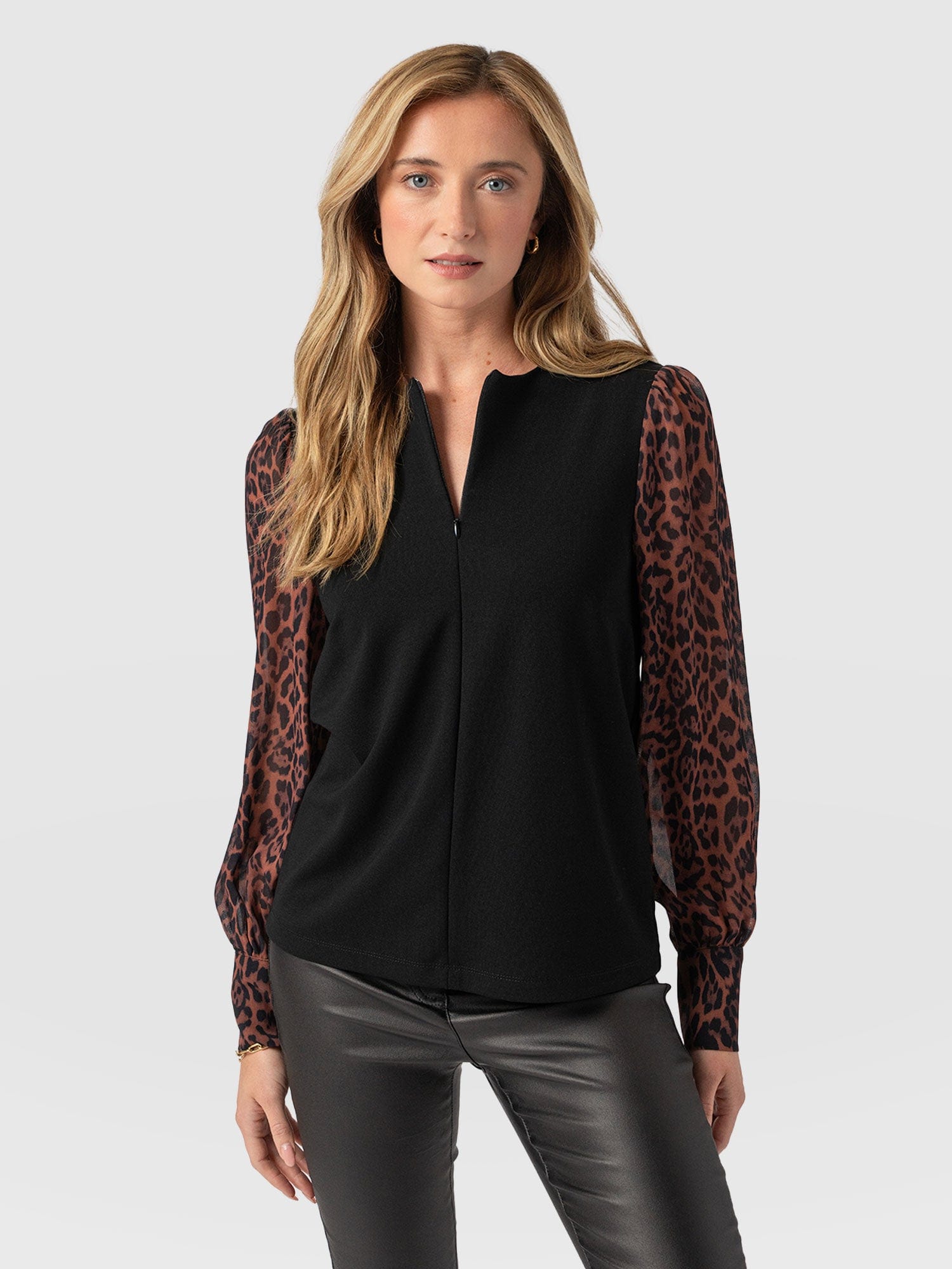 Esme Zip Up Top Brown Leopard - Women's Tops | Saint + Sofia® US